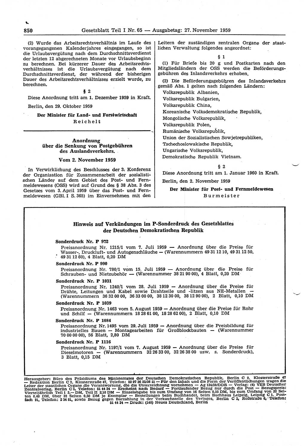 Gesetzblatt (GBl.) der Deutschen Demokratischen Republik (DDR) Teil Ⅰ 1959, Seite 850 (GBl. DDR Ⅰ 1959, S. 850)