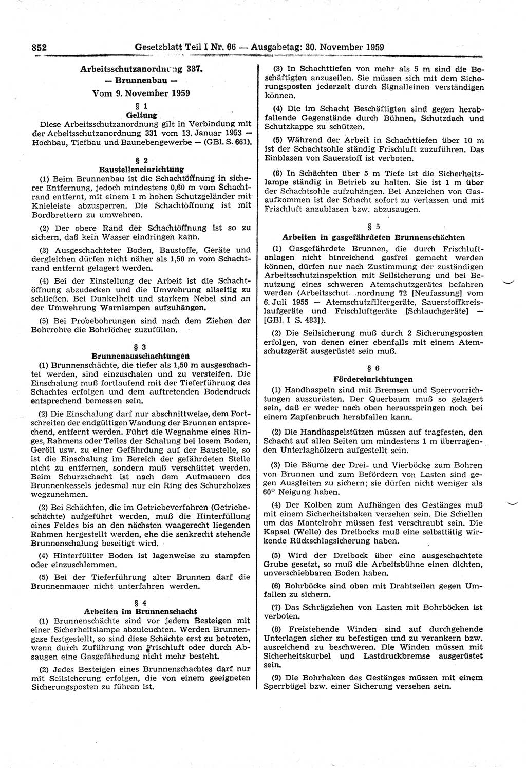 Gesetzblatt (GBl.) der Deutschen Demokratischen Republik (DDR) Teil Ⅰ 1959, Seite 852 (GBl. DDR Ⅰ 1959, S. 852)