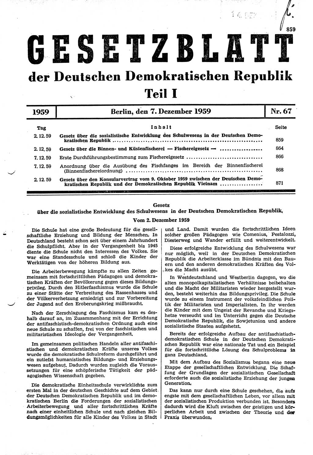 Gesetzblatt (GBl.) der Deutschen Demokratischen Republik (DDR) Teil Ⅰ 1959, Seite 859 (GBl. DDR Ⅰ 1959, S. 859)