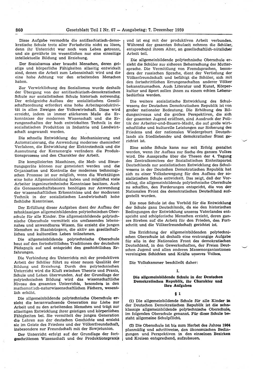 Gesetzblatt (GBl.) der Deutschen Demokratischen Republik (DDR) Teil Ⅰ 1959, Seite 860 (GBl. DDR Ⅰ 1959, S. 860)