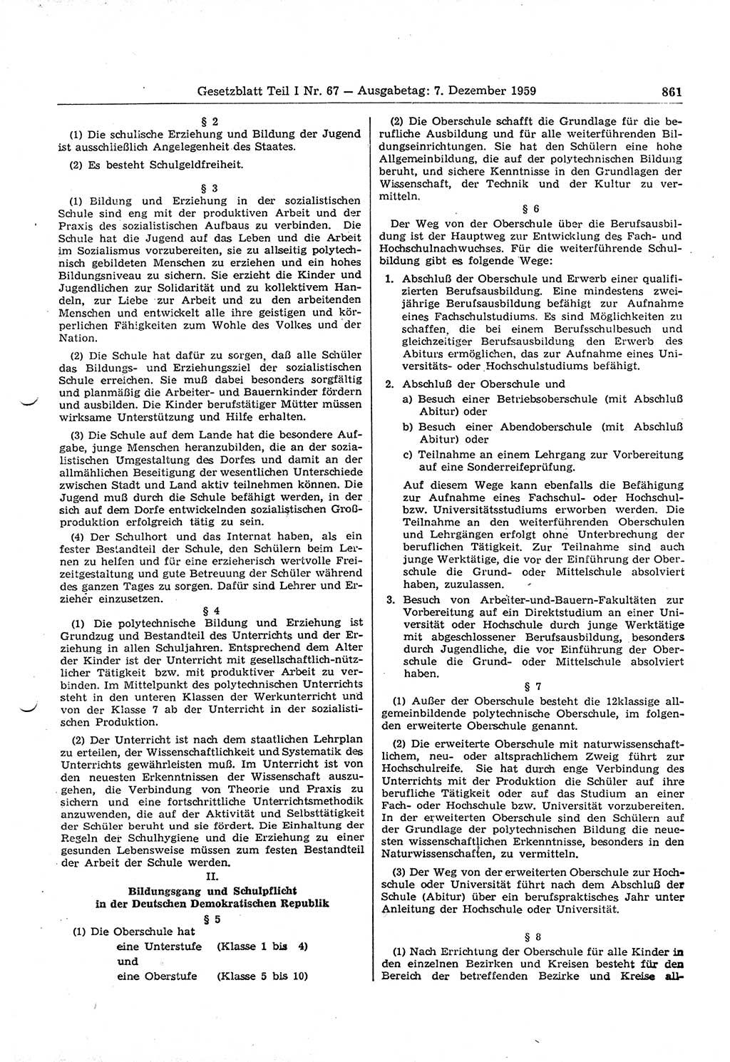 Gesetzblatt (GBl.) der Deutschen Demokratischen Republik (DDR) Teil Ⅰ 1959, Seite 861 (GBl. DDR Ⅰ 1959, S. 861)