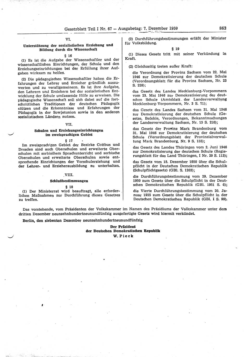 Gesetzblatt (GBl.) der Deutschen Demokratischen Republik (DDR) Teil Ⅰ 1959, Seite 863 (GBl. DDR Ⅰ 1959, S. 863)