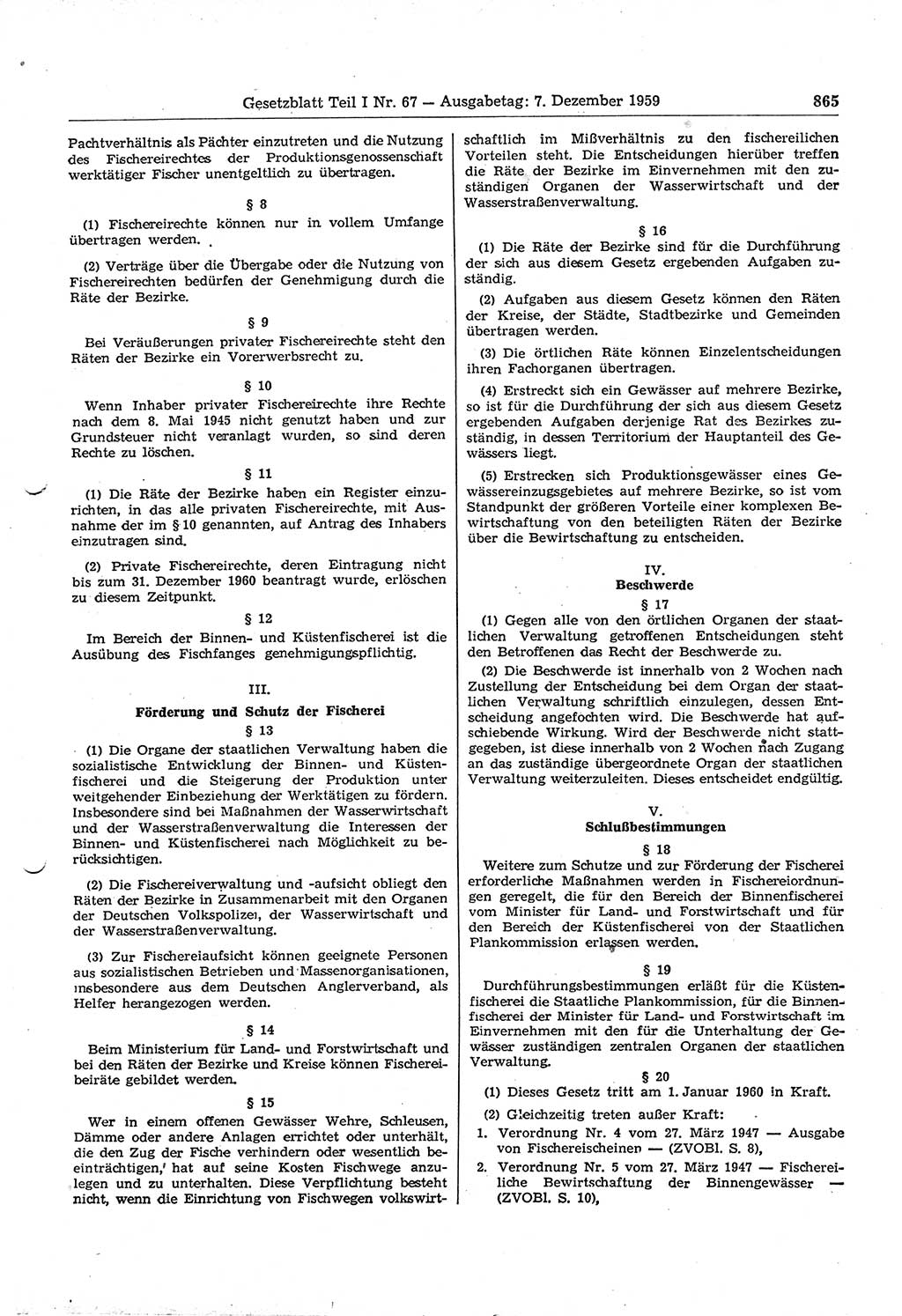 Gesetzblatt (GBl.) der Deutschen Demokratischen Republik (DDR) Teil Ⅰ 1959, Seite 865 (GBl. DDR Ⅰ 1959, S. 865)