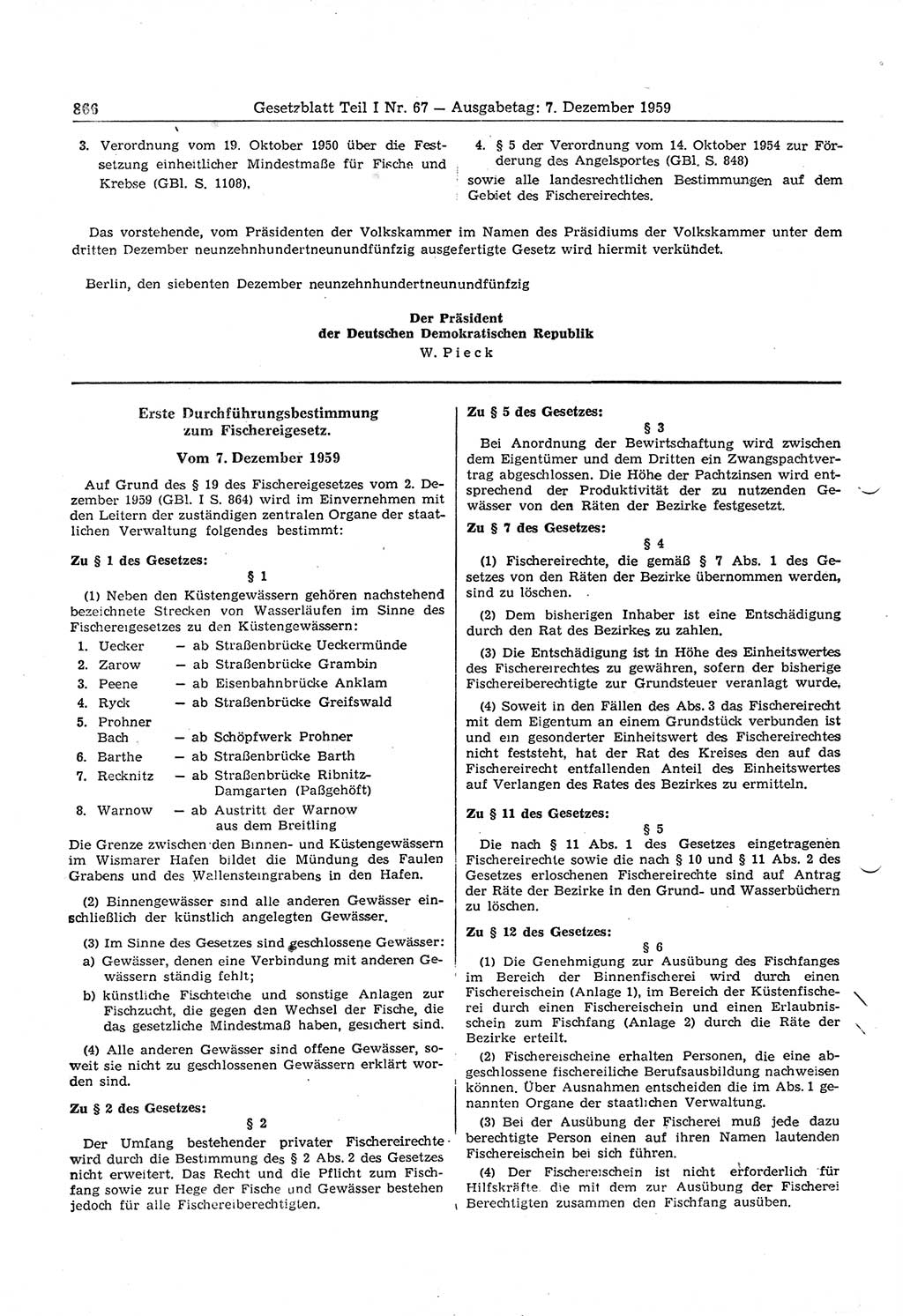 Gesetzblatt (GBl.) der Deutschen Demokratischen Republik (DDR) Teil Ⅰ 1959, Seite 866 (GBl. DDR Ⅰ 1959, S. 866)