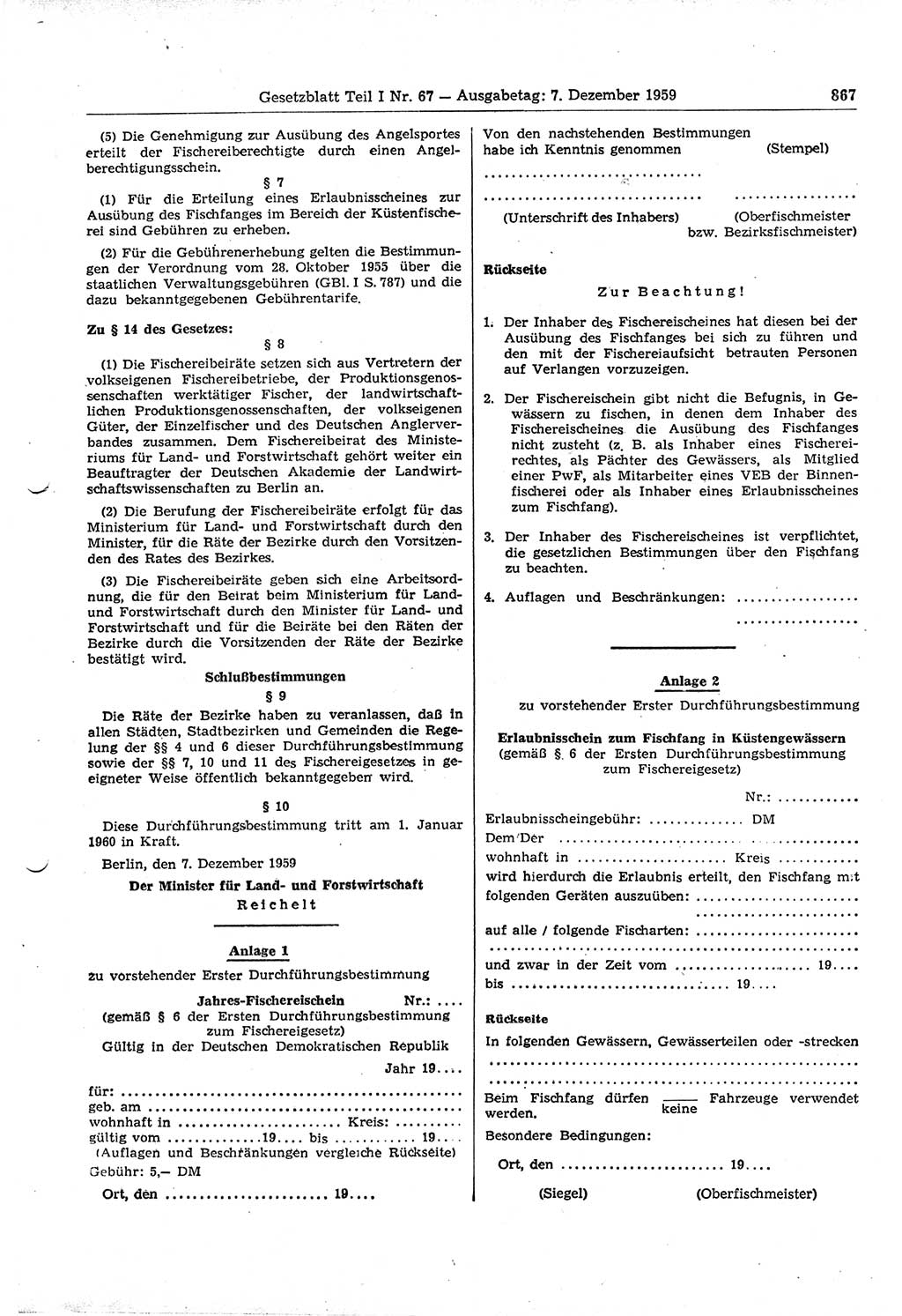 Gesetzblatt (GBl.) der Deutschen Demokratischen Republik (DDR) Teil Ⅰ 1959, Seite 867 (GBl. DDR Ⅰ 1959, S. 867)