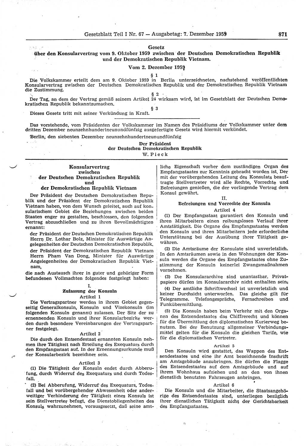 Gesetzblatt (GBl.) der Deutschen Demokratischen Republik (DDR) Teil Ⅰ 1959, Seite 871 (GBl. DDR Ⅰ 1959, S. 871)