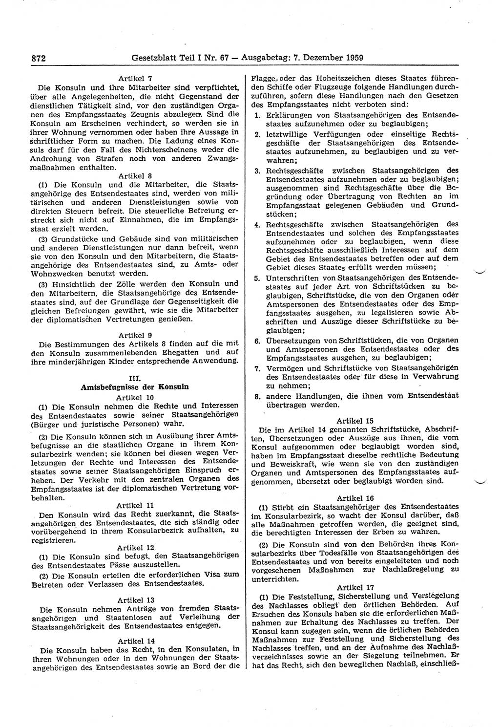 Gesetzblatt (GBl.) der Deutschen Demokratischen Republik (DDR) Teil Ⅰ 1959, Seite 872 (GBl. DDR Ⅰ 1959, S. 872)