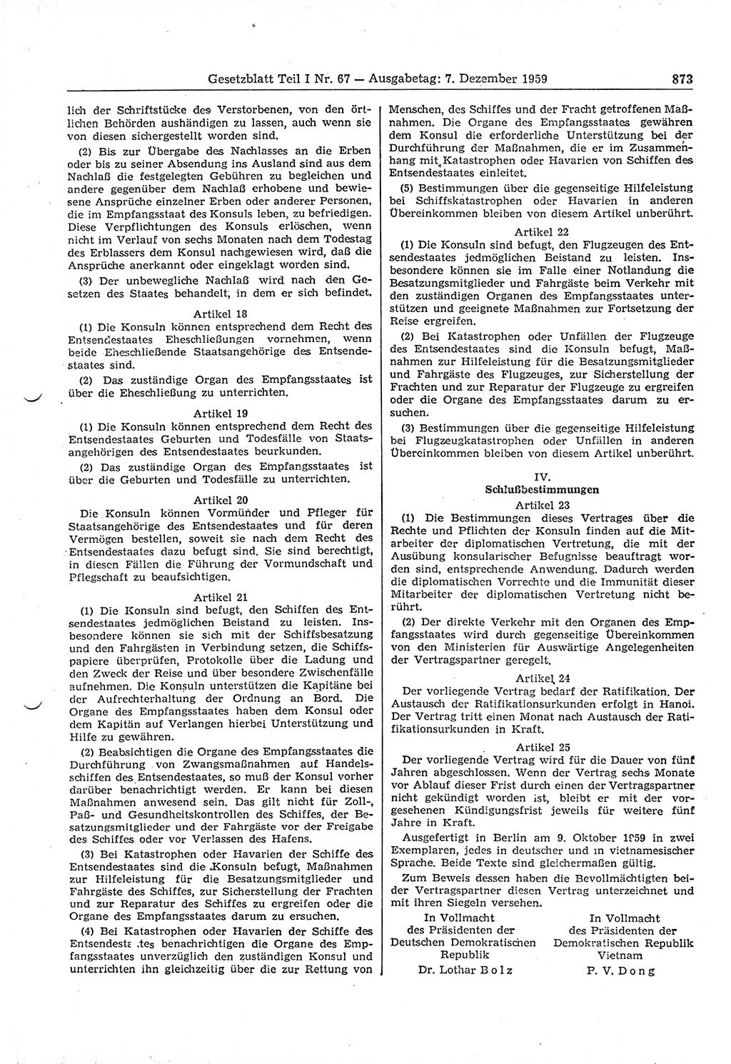 Gesetzblatt (GBl.) der Deutschen Demokratischen Republik (DDR) Teil Ⅰ 1959, Seite 873 (GBl. DDR Ⅰ 1959, S. 873)