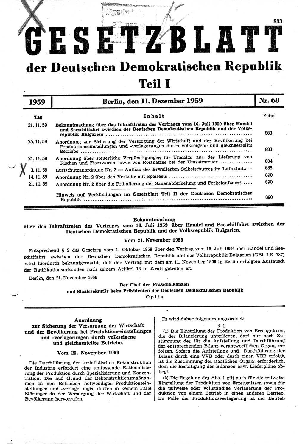 Gesetzblatt (GBl.) der Deutschen Demokratischen Republik (DDR) Teil â… 1959, Seite 883 (GBl. DDR â… 1959, S. 883)