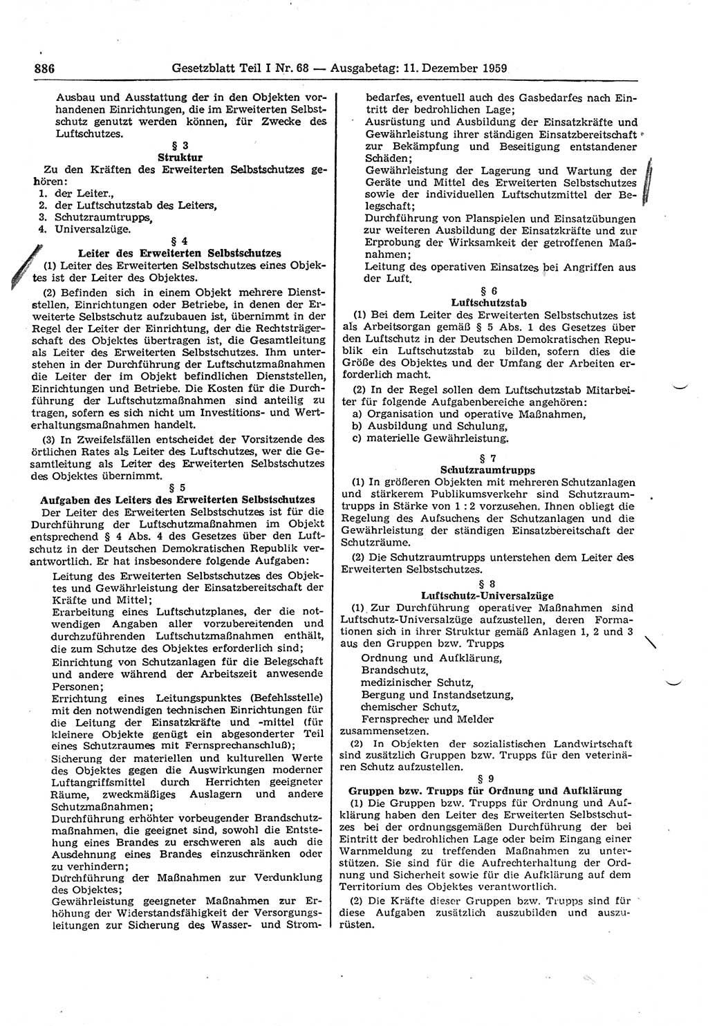 Gesetzblatt (GBl.) der Deutschen Demokratischen Republik (DDR) Teil Ⅰ 1959, Seite 886 (GBl. DDR Ⅰ 1959, S. 886)