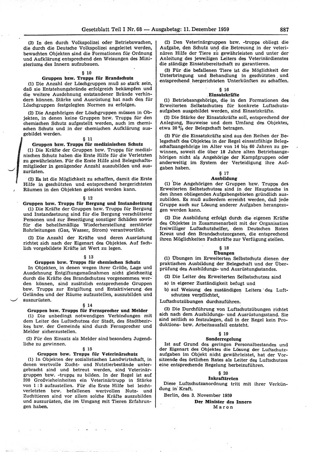 Gesetzblatt (GBl.) der Deutschen Demokratischen Republik (DDR) Teil Ⅰ 1959, Seite 887 (GBl. DDR Ⅰ 1959, S. 887)