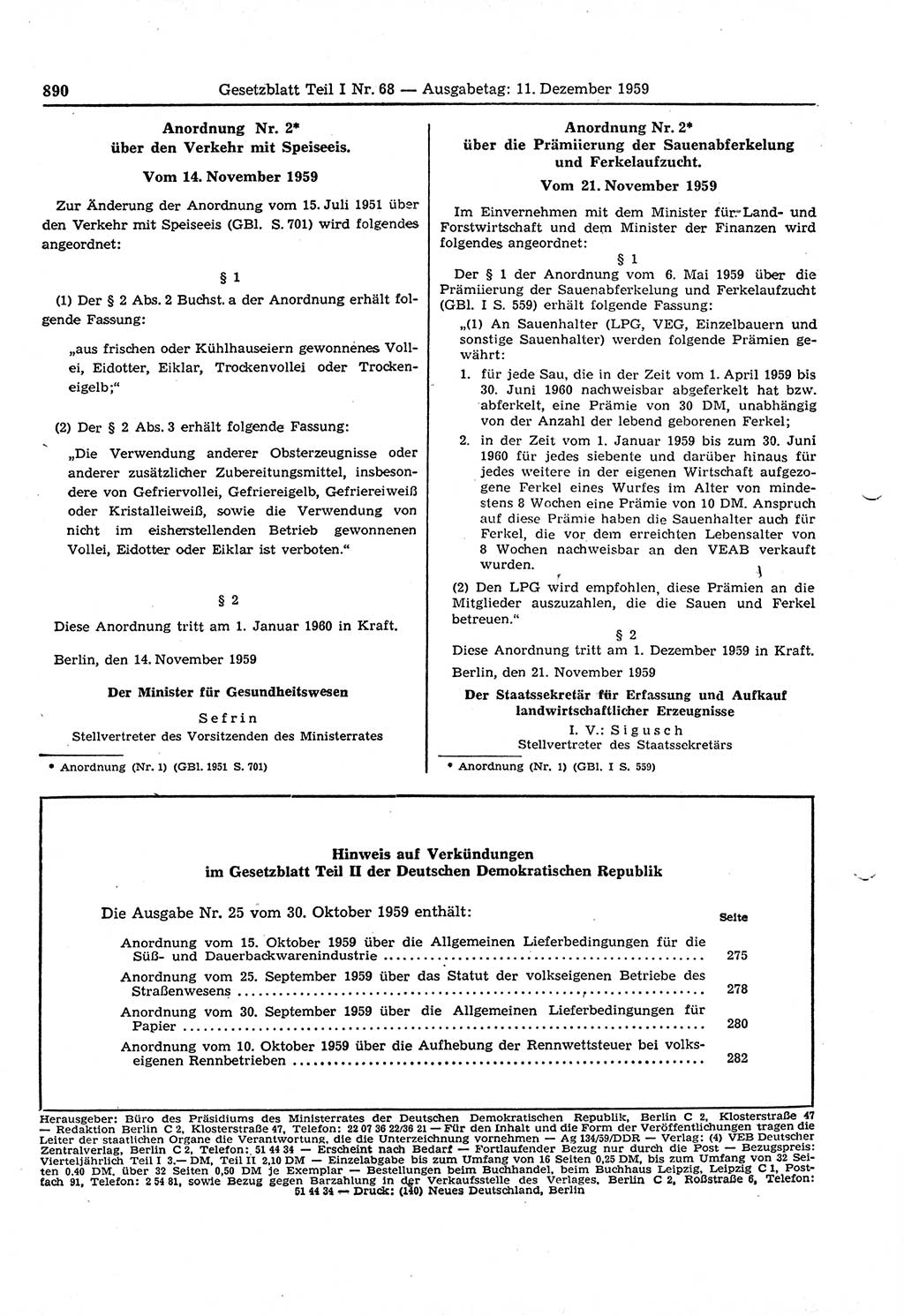 Gesetzblatt (GBl.) der Deutschen Demokratischen Republik (DDR) Teil Ⅰ 1959, Seite 890 (GBl. DDR Ⅰ 1959, S. 890)