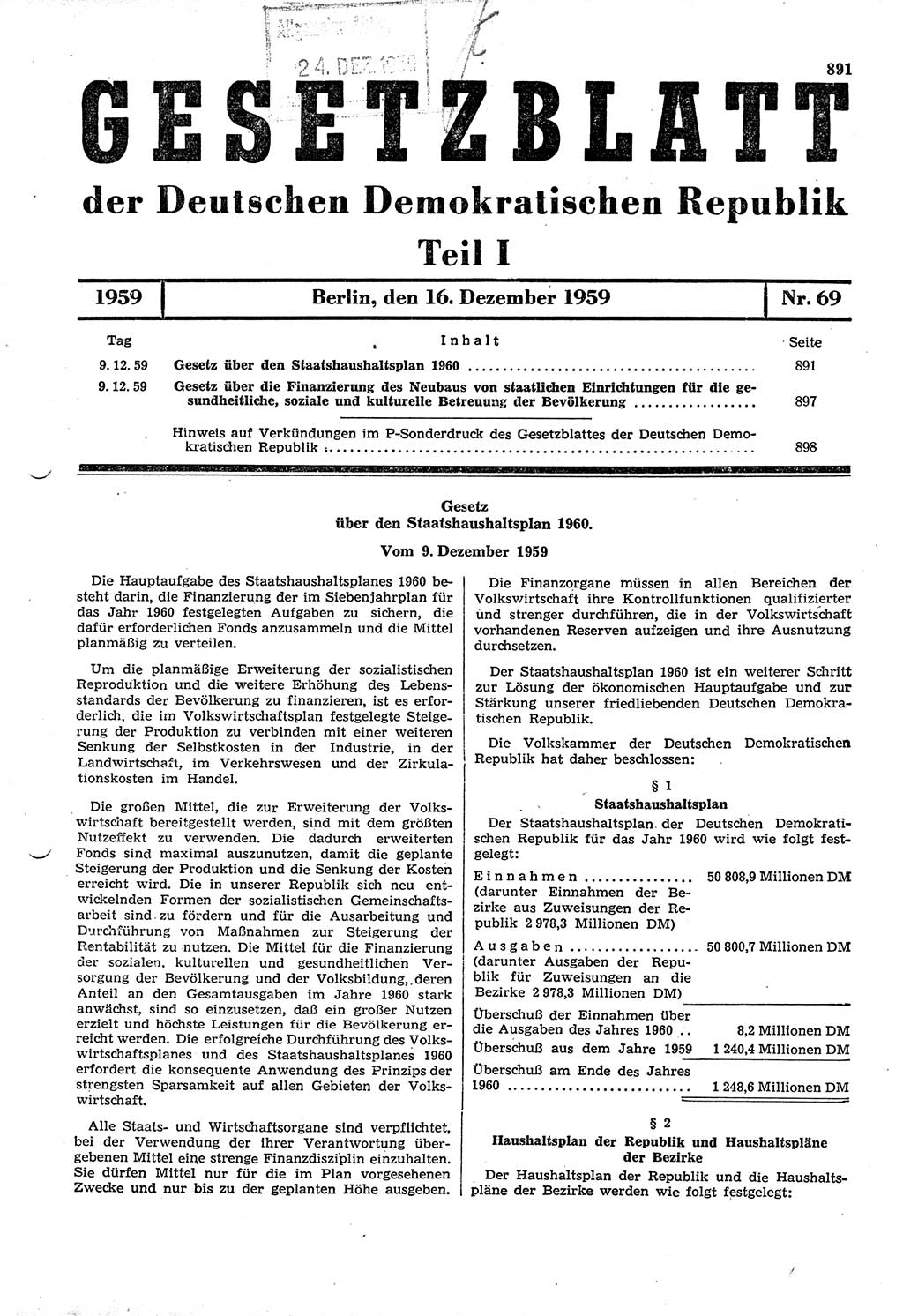 Gesetzblatt (GBl.) der Deutschen Demokratischen Republik (DDR) Teil Ⅰ 1959, Seite 891 (GBl. DDR Ⅰ 1959, S. 891)