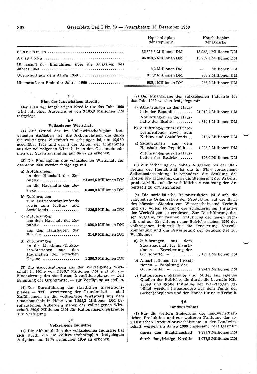 Gesetzblatt (GBl.) der Deutschen Demokratischen Republik (DDR) Teil Ⅰ 1959, Seite 892 (GBl. DDR Ⅰ 1959, S. 892)
