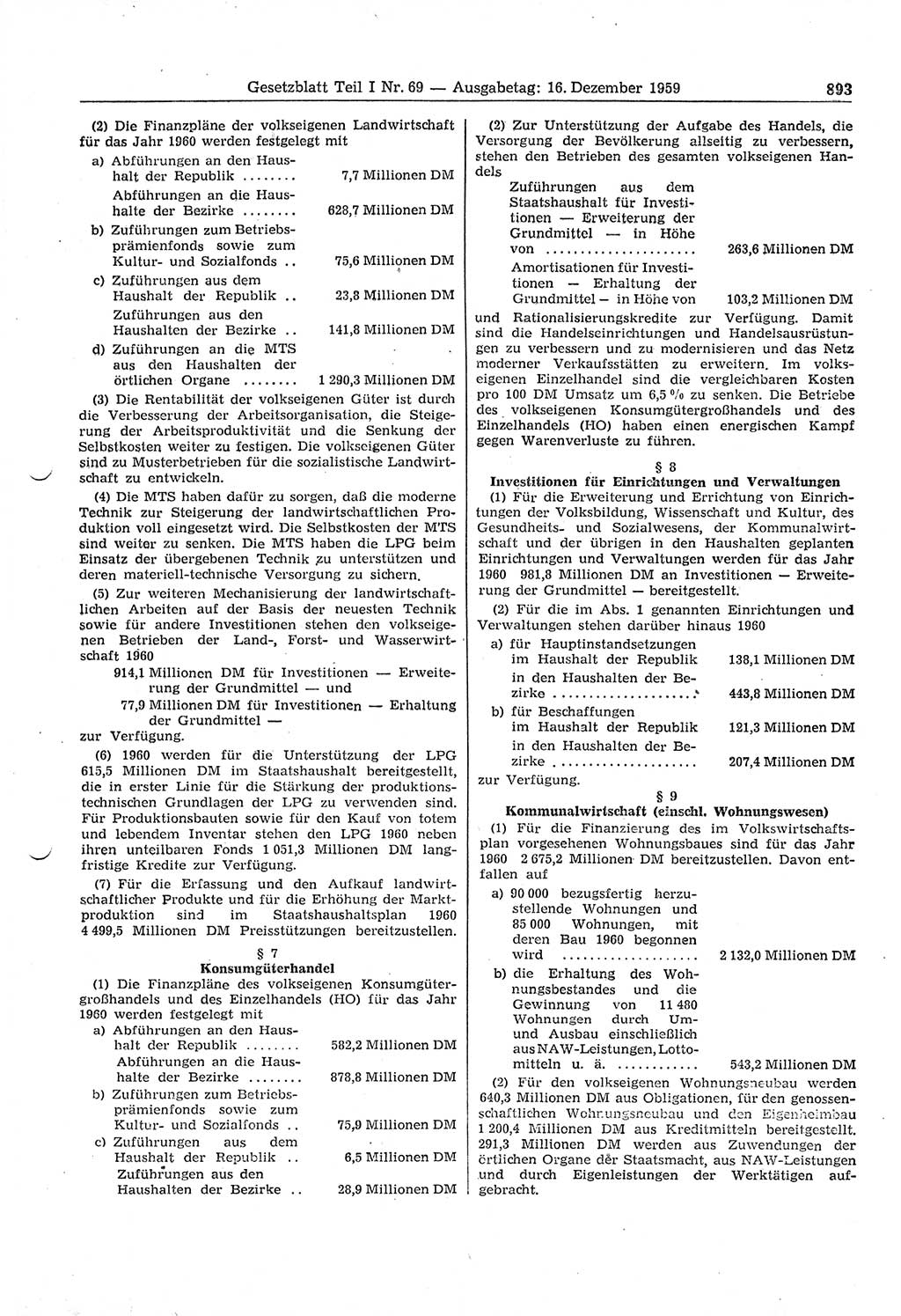 Gesetzblatt (GBl.) der Deutschen Demokratischen Republik (DDR) Teil Ⅰ 1959, Seite 893 (GBl. DDR Ⅰ 1959, S. 893)