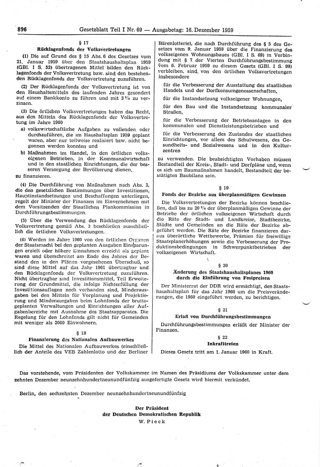Gesetzblatt (GBl.) der Deutschen Demokratischen Republik (DDR) Teil Ⅰ 1959, Seite 896 (GBl. DDR Ⅰ 1959, S. 896)