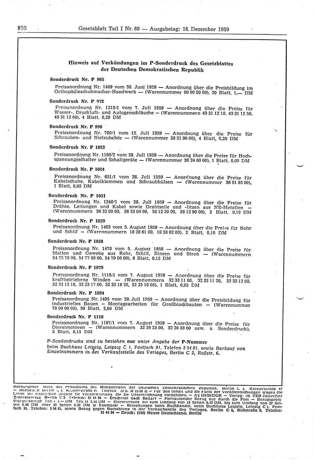 Gesetzblatt (GBl.) der Deutschen Demokratischen Republik (DDR) Teil Ⅰ 1959, Seite 898 (GBl. DDR Ⅰ 1959, S. 898)