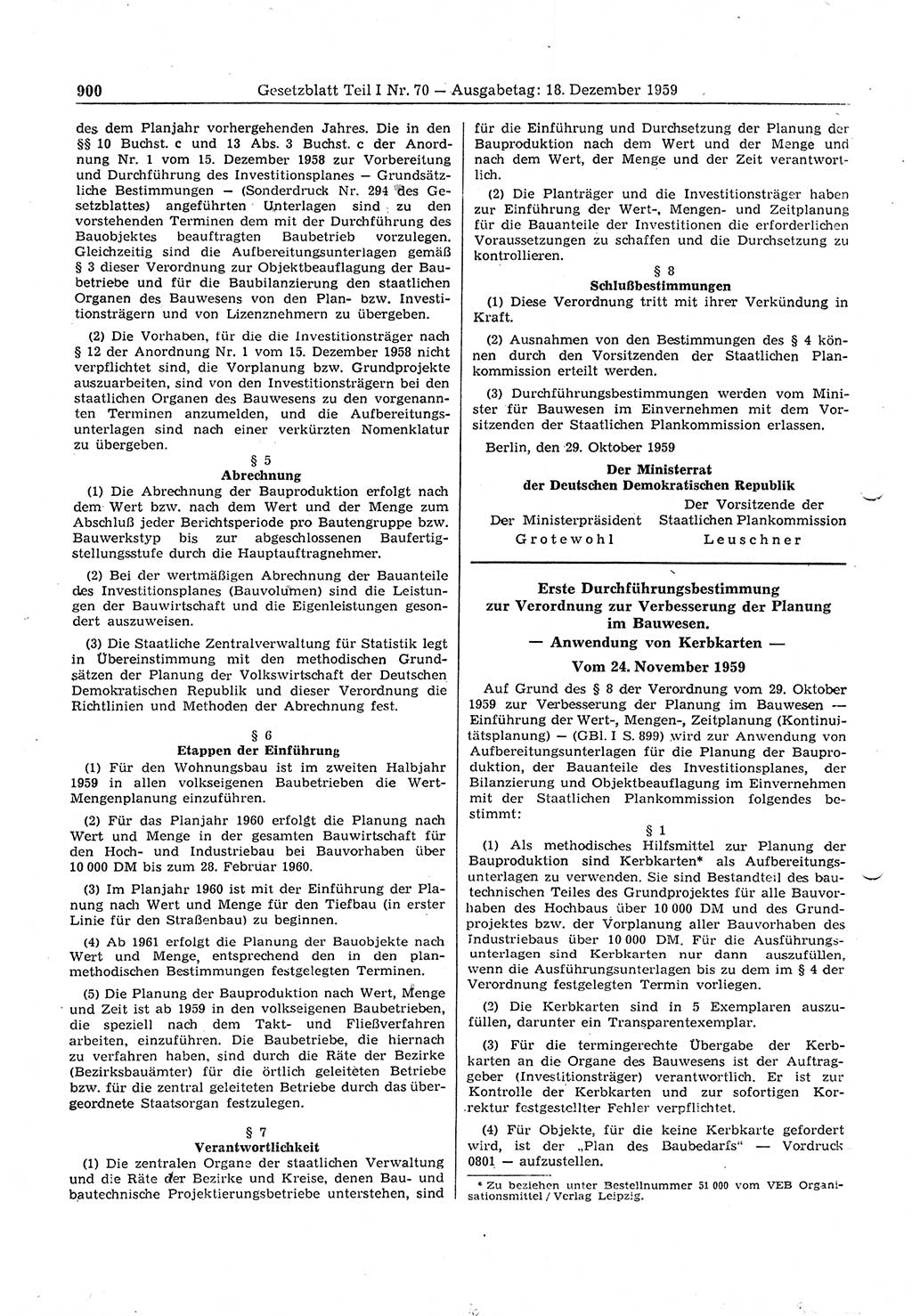 Gesetzblatt (GBl.) der Deutschen Demokratischen Republik (DDR) Teil Ⅰ 1959, Seite 900 (GBl. DDR Ⅰ 1959, S. 900)