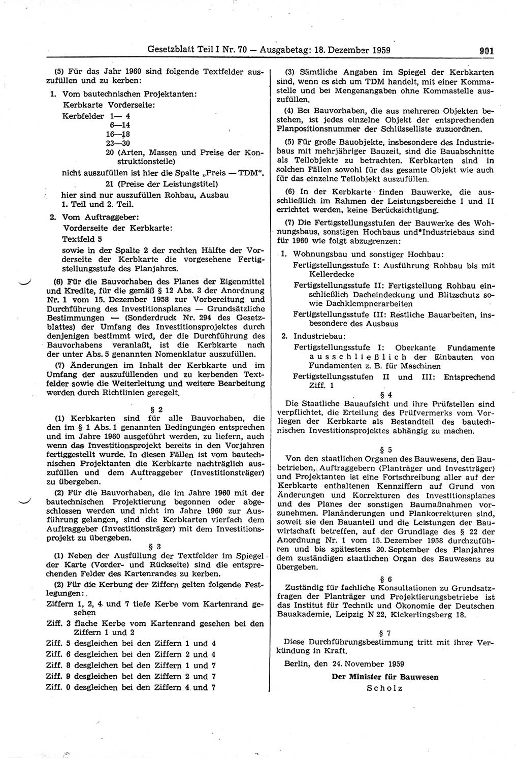Gesetzblatt (GBl.) der Deutschen Demokratischen Republik (DDR) Teil Ⅰ 1959, Seite 901 (GBl. DDR Ⅰ 1959, S. 901)