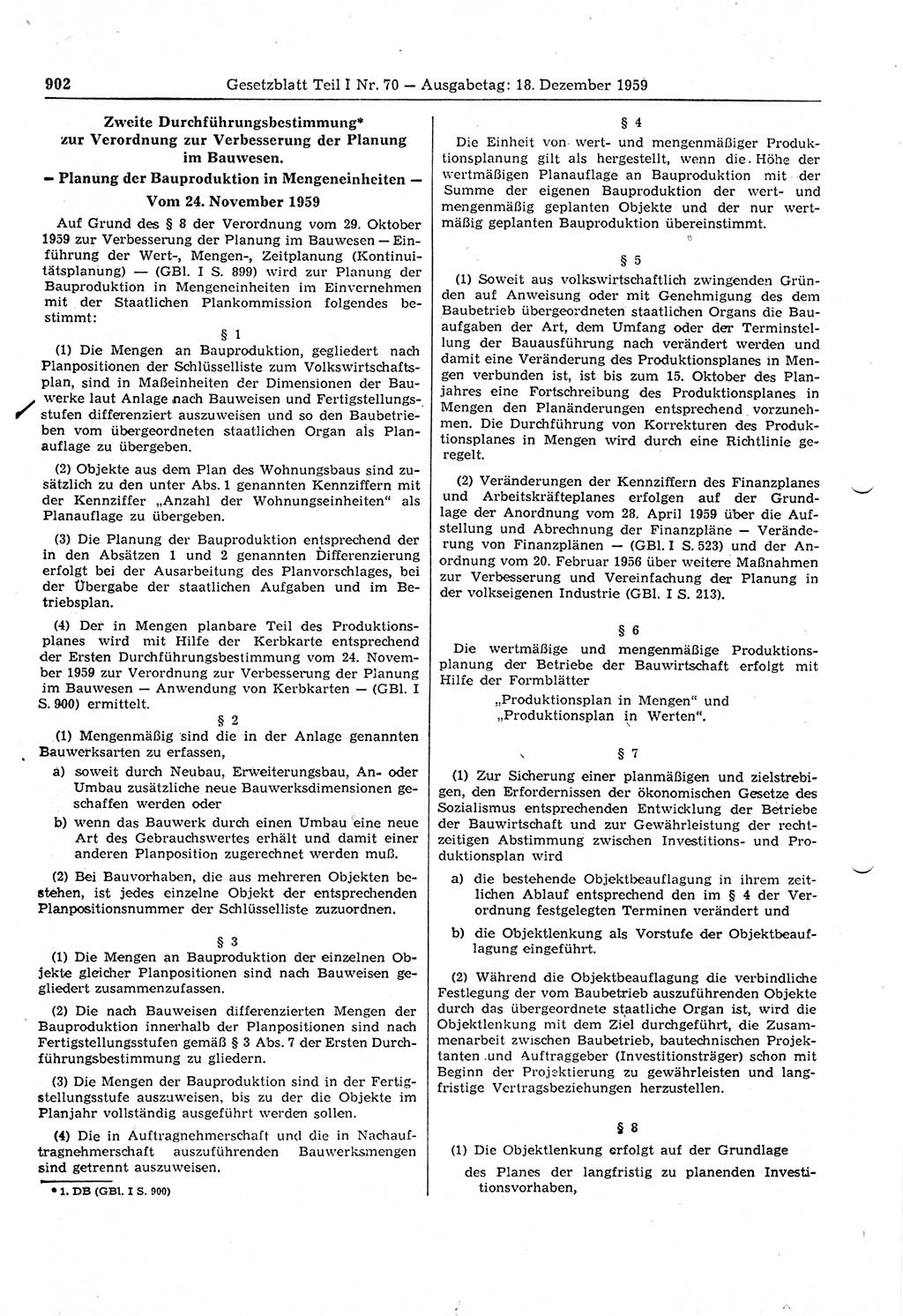 Gesetzblatt (GBl.) der Deutschen Demokratischen Republik (DDR) Teil Ⅰ 1959, Seite 902 (GBl. DDR Ⅰ 1959, S. 902)