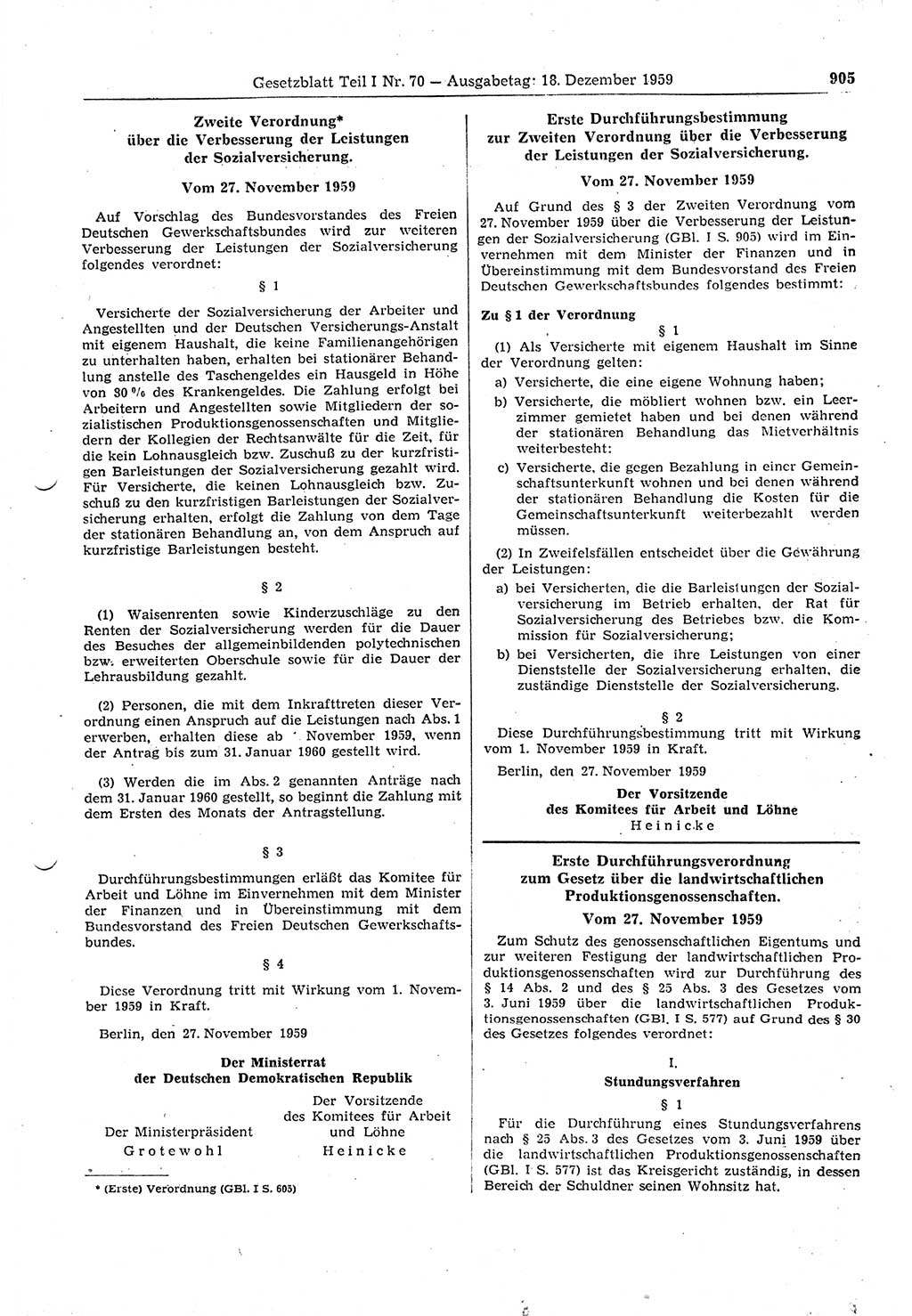Gesetzblatt (GBl.) der Deutschen Demokratischen Republik (DDR) Teil Ⅰ 1959, Seite 905 (GBl. DDR Ⅰ 1959, S. 905)