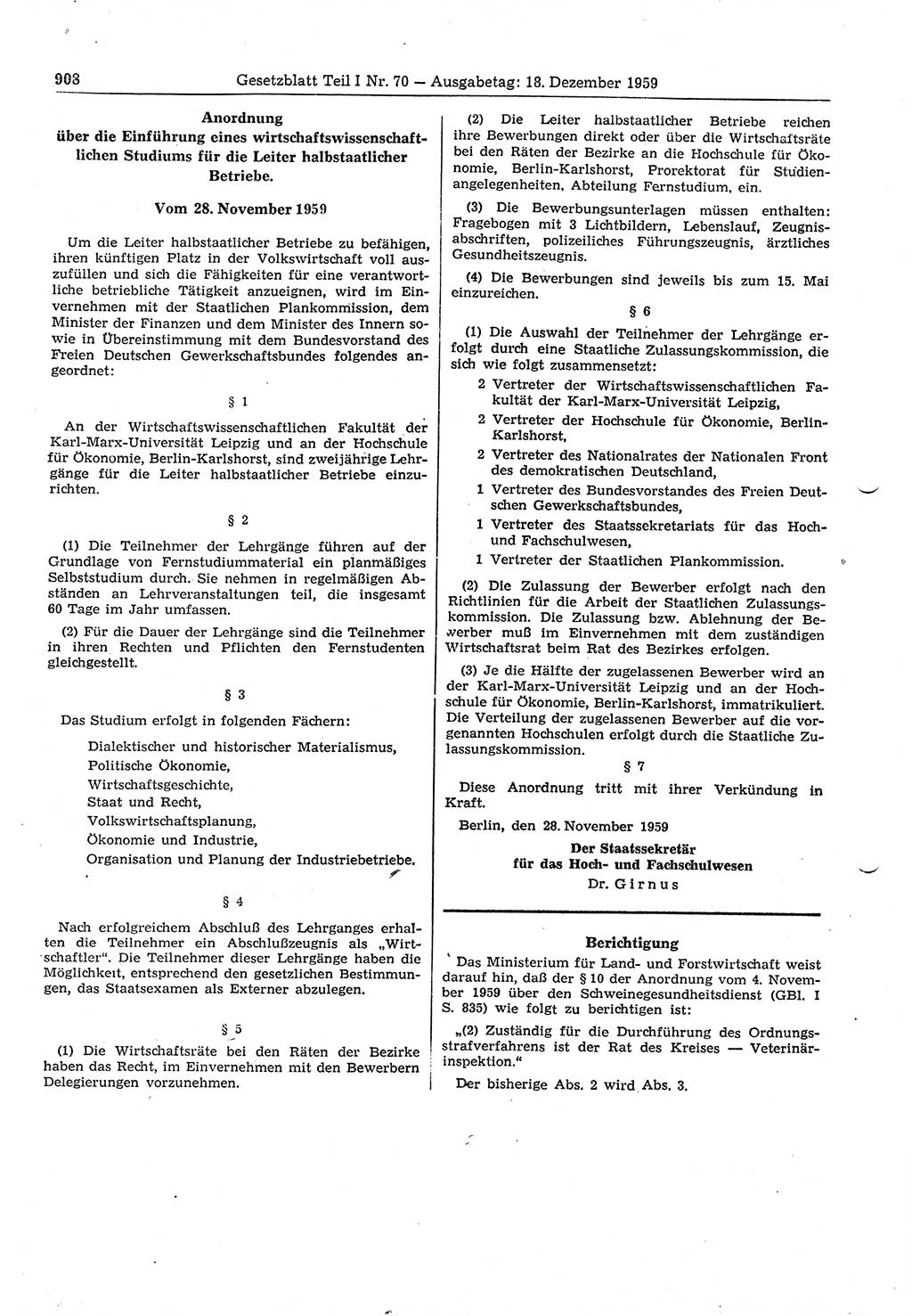 Gesetzblatt (GBl.) der Deutschen Demokratischen Republik (DDR) Teil Ⅰ 1959, Seite 908 (GBl. DDR Ⅰ 1959, S. 908)
