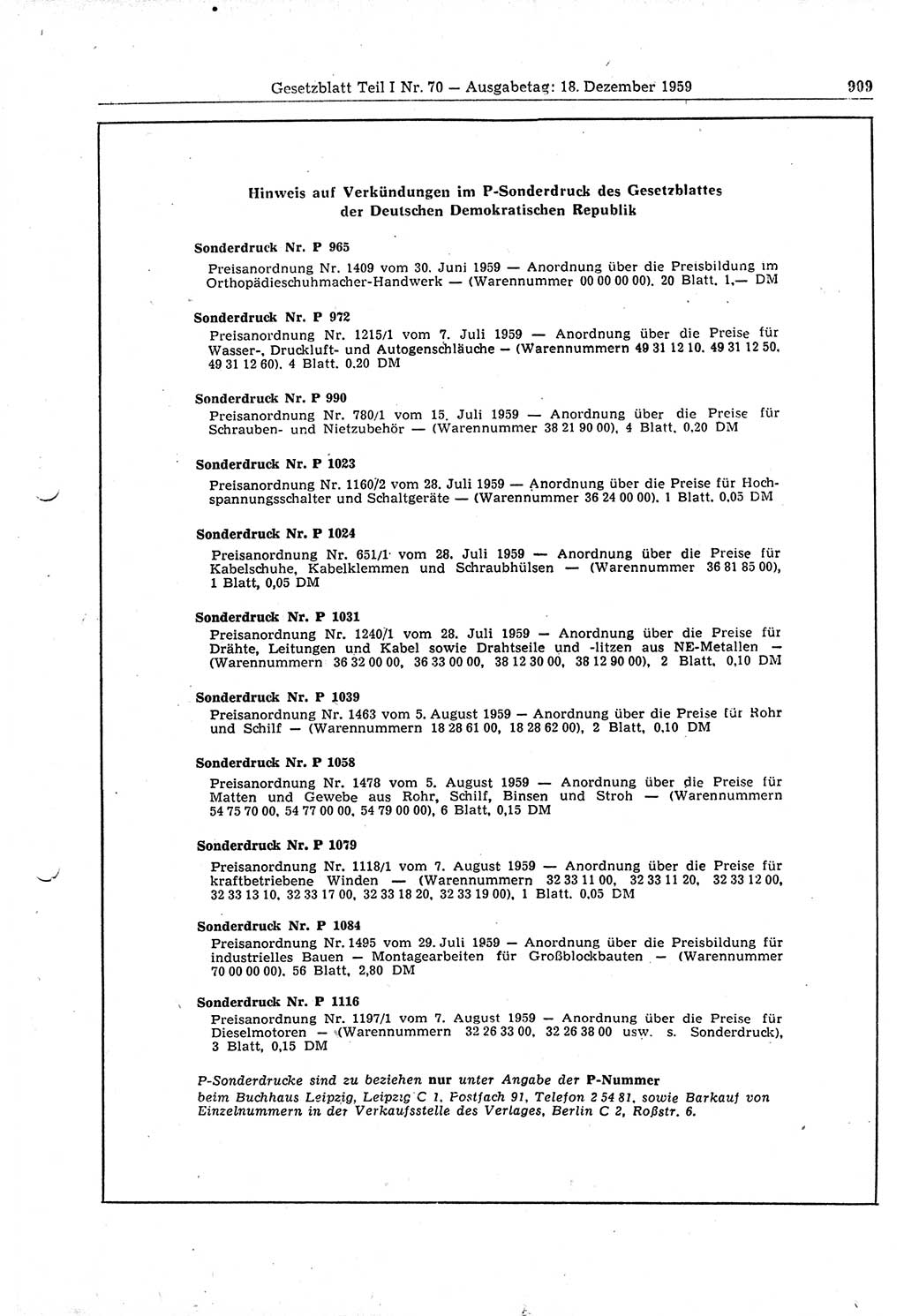 Gesetzblatt (GBl.) der Deutschen Demokratischen Republik (DDR) Teil Ⅰ 1959, Seite 909 (GBl. DDR Ⅰ 1959, S. 909)