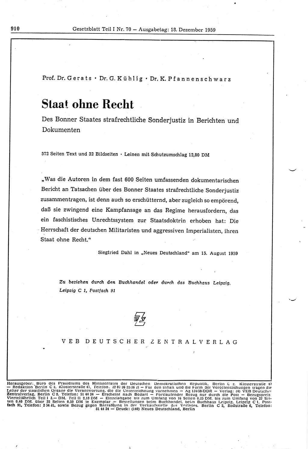 Gesetzblatt (GBl.) der Deutschen Demokratischen Republik (DDR) Teil Ⅰ 1959, Seite 910 (GBl. DDR Ⅰ 1959, S. 910)