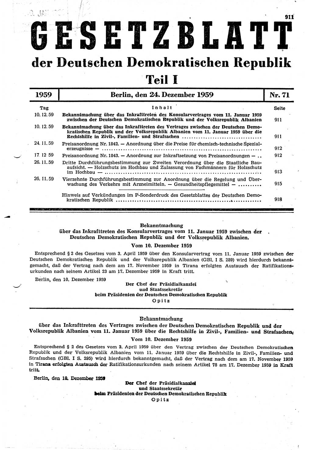 Gesetzblatt (GBl.) der Deutschen Demokratischen Republik (DDR) Teil Ⅰ 1959, Seite 911 (GBl. DDR Ⅰ 1959, S. 911)