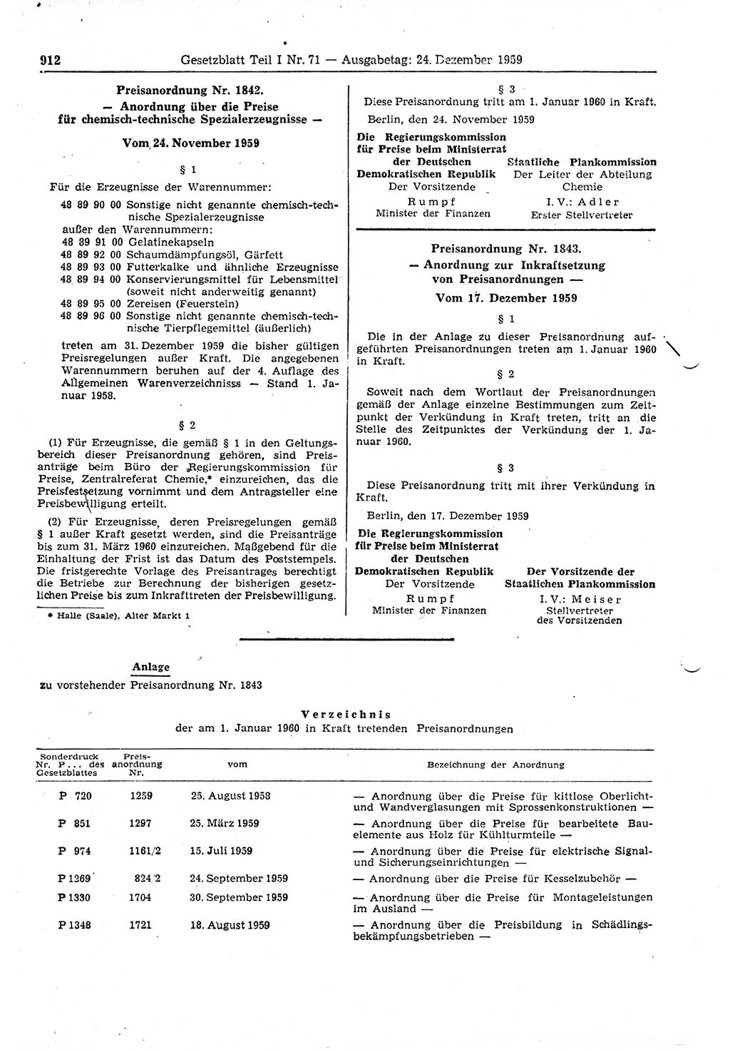 Gesetzblatt (GBl.) der Deutschen Demokratischen Republik (DDR) Teil Ⅰ 1959, Seite 912 (GBl. DDR Ⅰ 1959, S. 912)