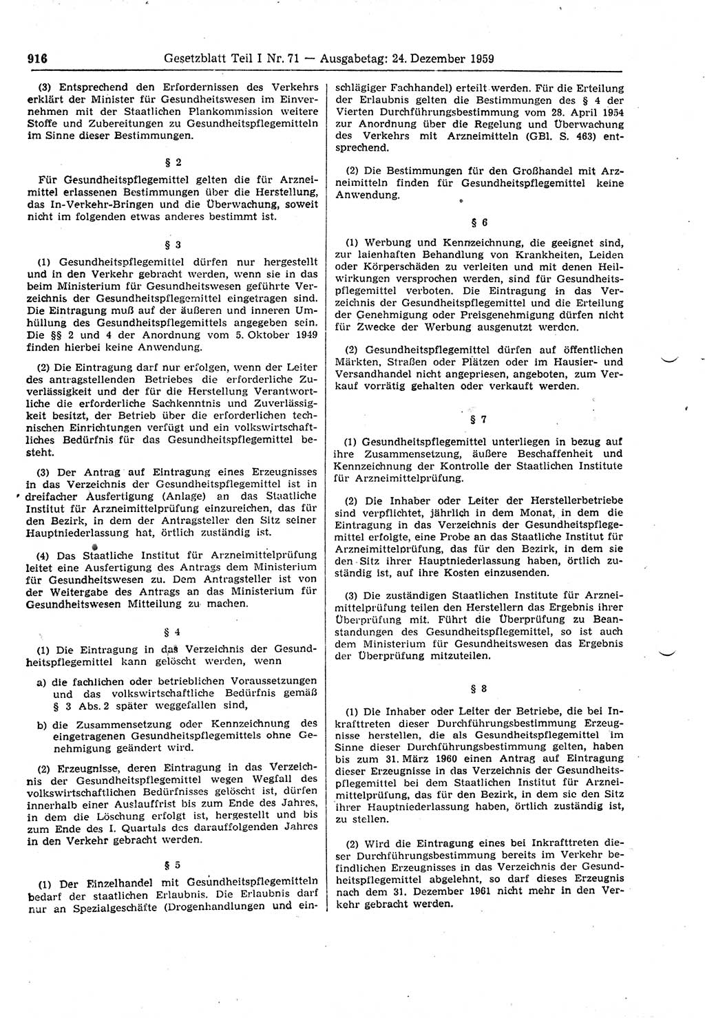 Gesetzblatt (GBl.) der Deutschen Demokratischen Republik (DDR) Teil Ⅰ 1959, Seite 916 (GBl. DDR Ⅰ 1959, S. 916)