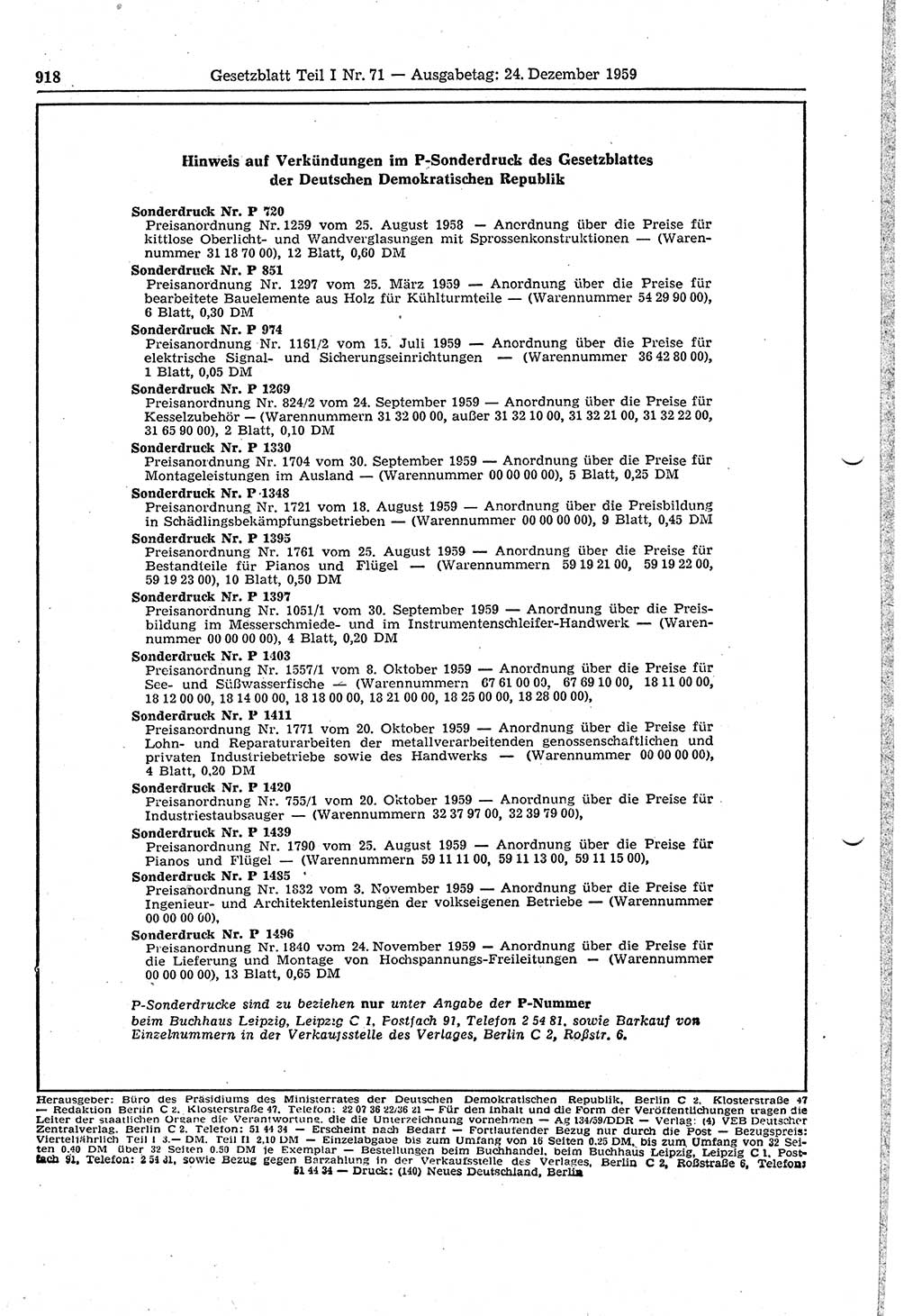 Gesetzblatt (GBl.) der Deutschen Demokratischen Republik (DDR) Teil Ⅰ 1959, Seite 918 (GBl. DDR Ⅰ 1959, S. 918)