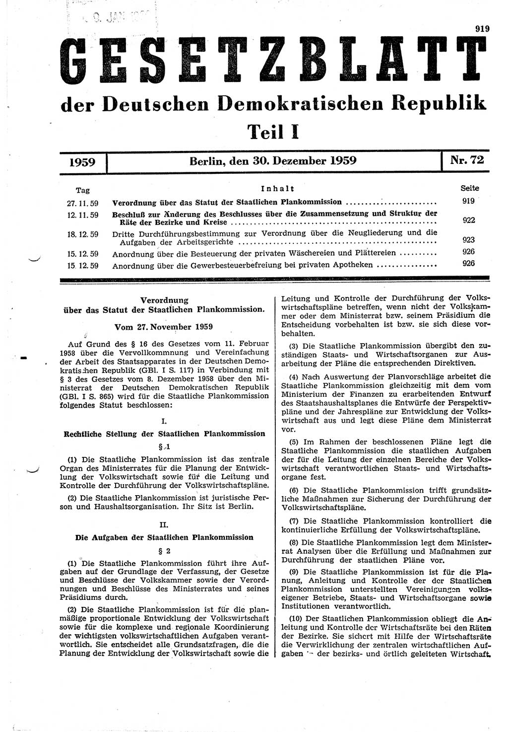 Gesetzblatt (GBl.) der Deutschen Demokratischen Republik (DDR) Teil Ⅰ 1959, Seite 919 (GBl. DDR Ⅰ 1959, S. 919)
