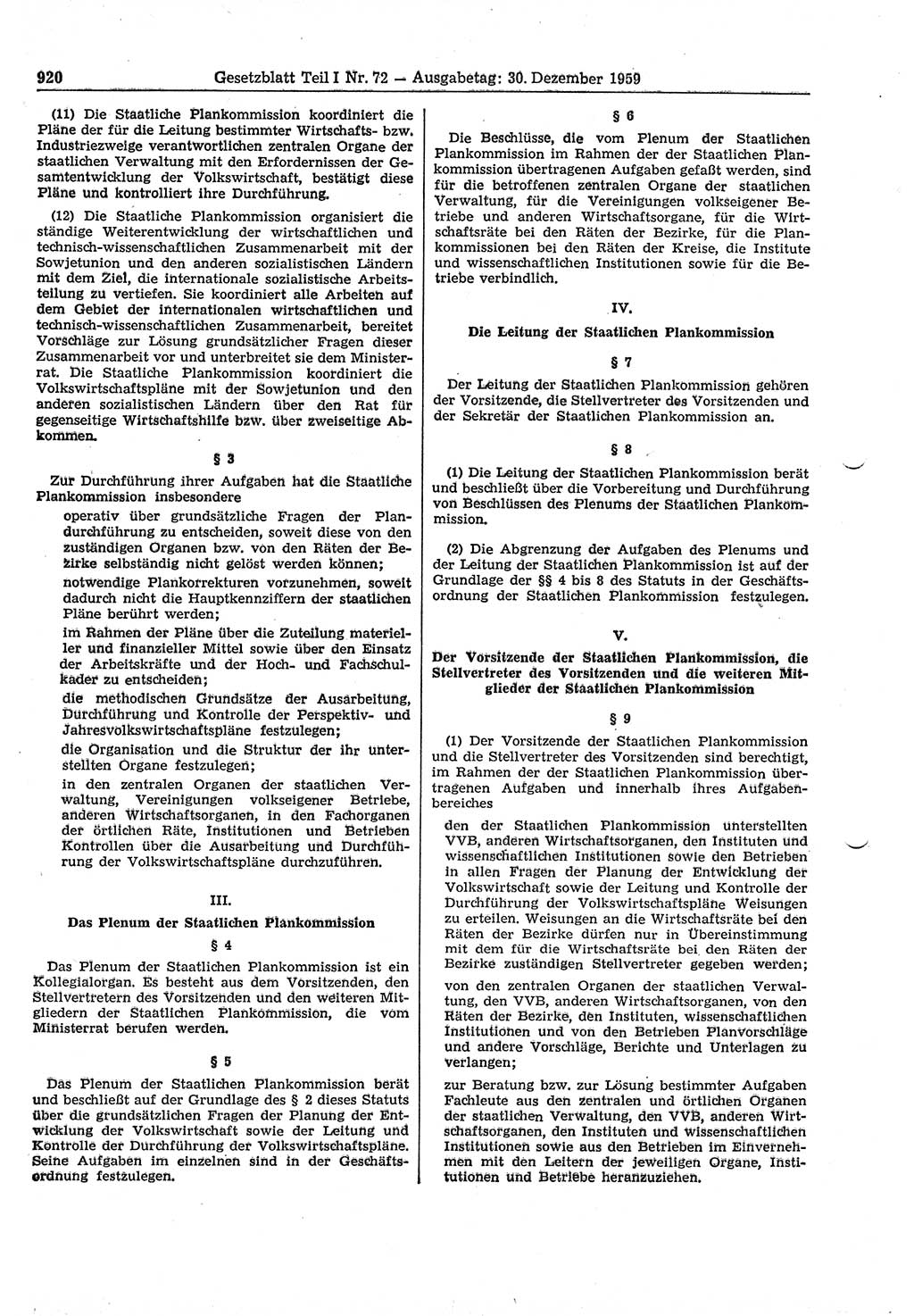 Gesetzblatt (GBl.) der Deutschen Demokratischen Republik (DDR) Teil Ⅰ 1959, Seite 920 (GBl. DDR Ⅰ 1959, S. 920)