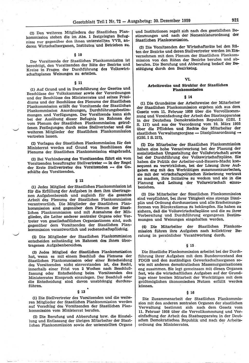 Gesetzblatt (GBl.) der Deutschen Demokratischen Republik (DDR) Teil Ⅰ 1959, Seite 921 (GBl. DDR Ⅰ 1959, S. 921)