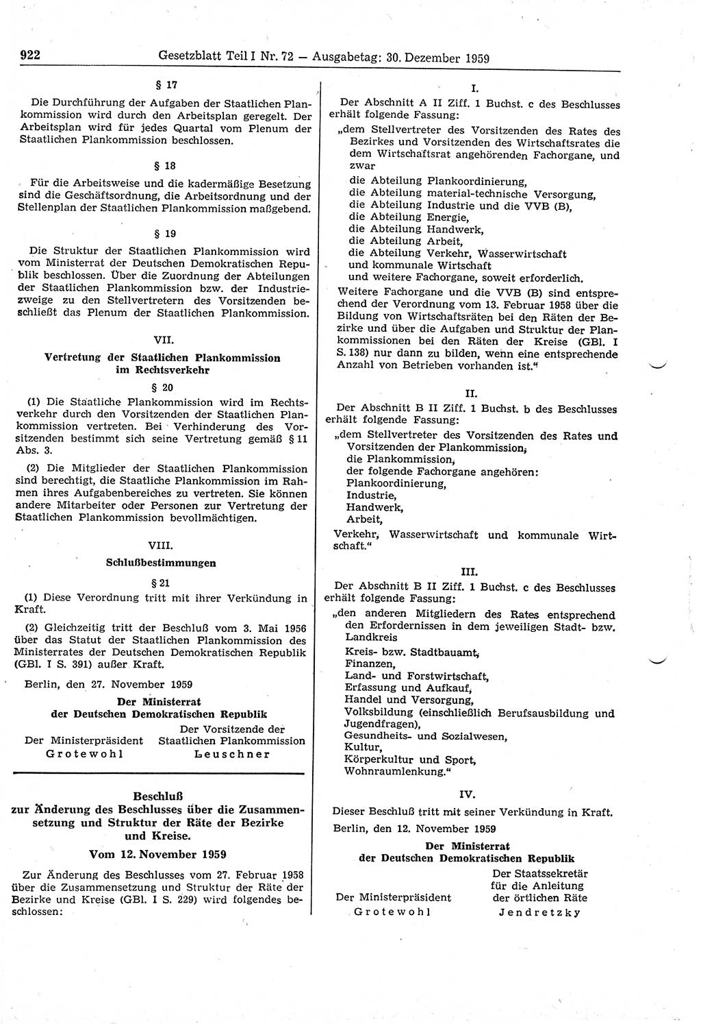 Gesetzblatt (GBl.) der Deutschen Demokratischen Republik (DDR) Teil Ⅰ 1959, Seite 922 (GBl. DDR Ⅰ 1959, S. 922)