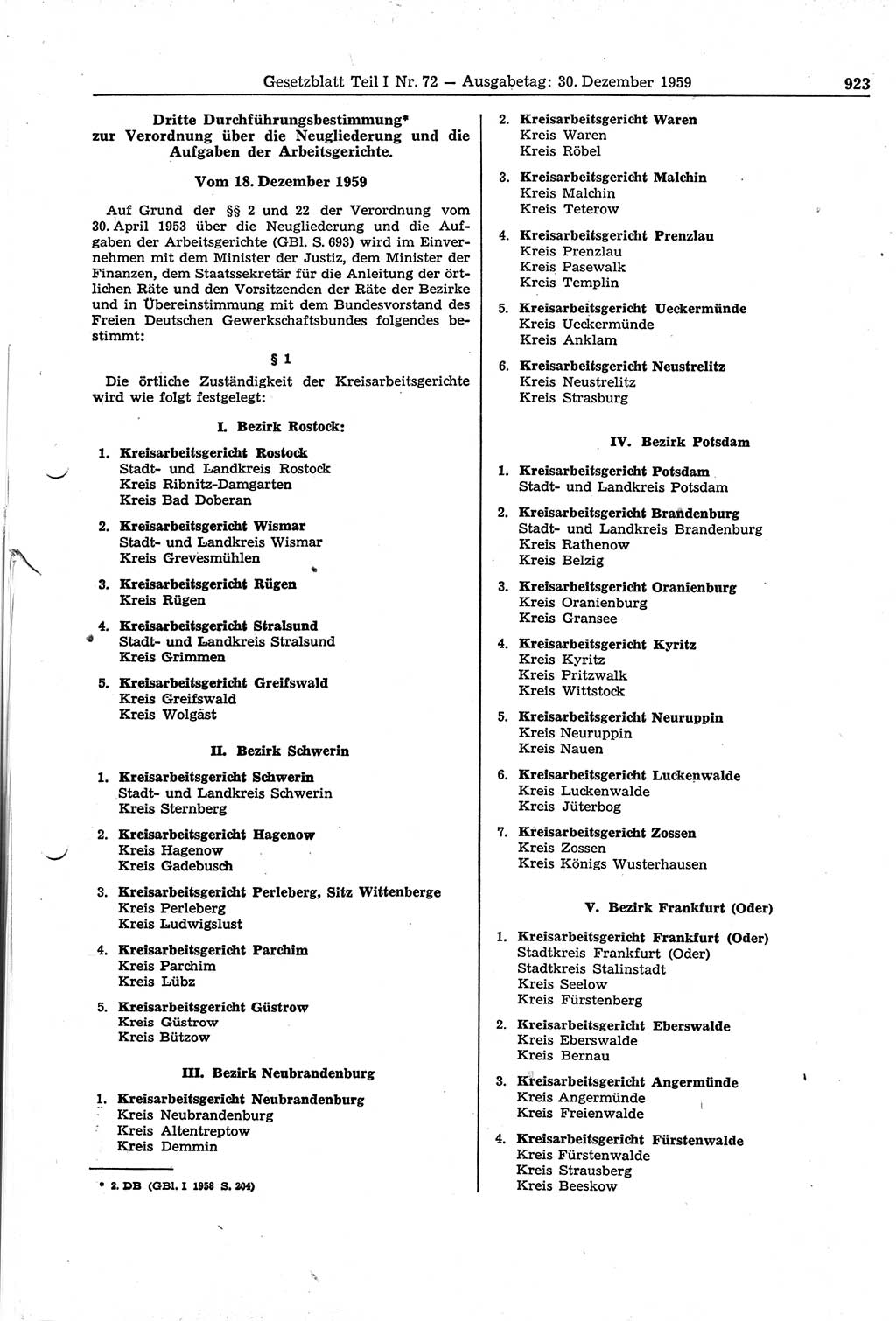 Gesetzblatt (GBl.) der Deutschen Demokratischen Republik (DDR) Teil Ⅰ 1959, Seite 923 (GBl. DDR Ⅰ 1959, S. 923)