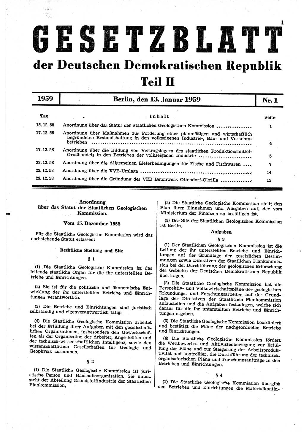 Gesetzblatt (GBl.) der Deutschen Demokratischen Republik (DDR) Teil ⅠⅠ 1959, Seite 1 (GBl. DDR ⅠⅠ 1959, S. 1)