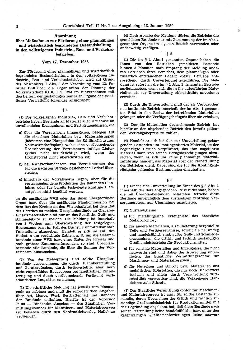 Gesetzblatt (GBl.) der Deutschen Demokratischen Republik (DDR) Teil ⅠⅠ 1959, Seite 4 (GBl. DDR ⅠⅠ 1959, S. 4)