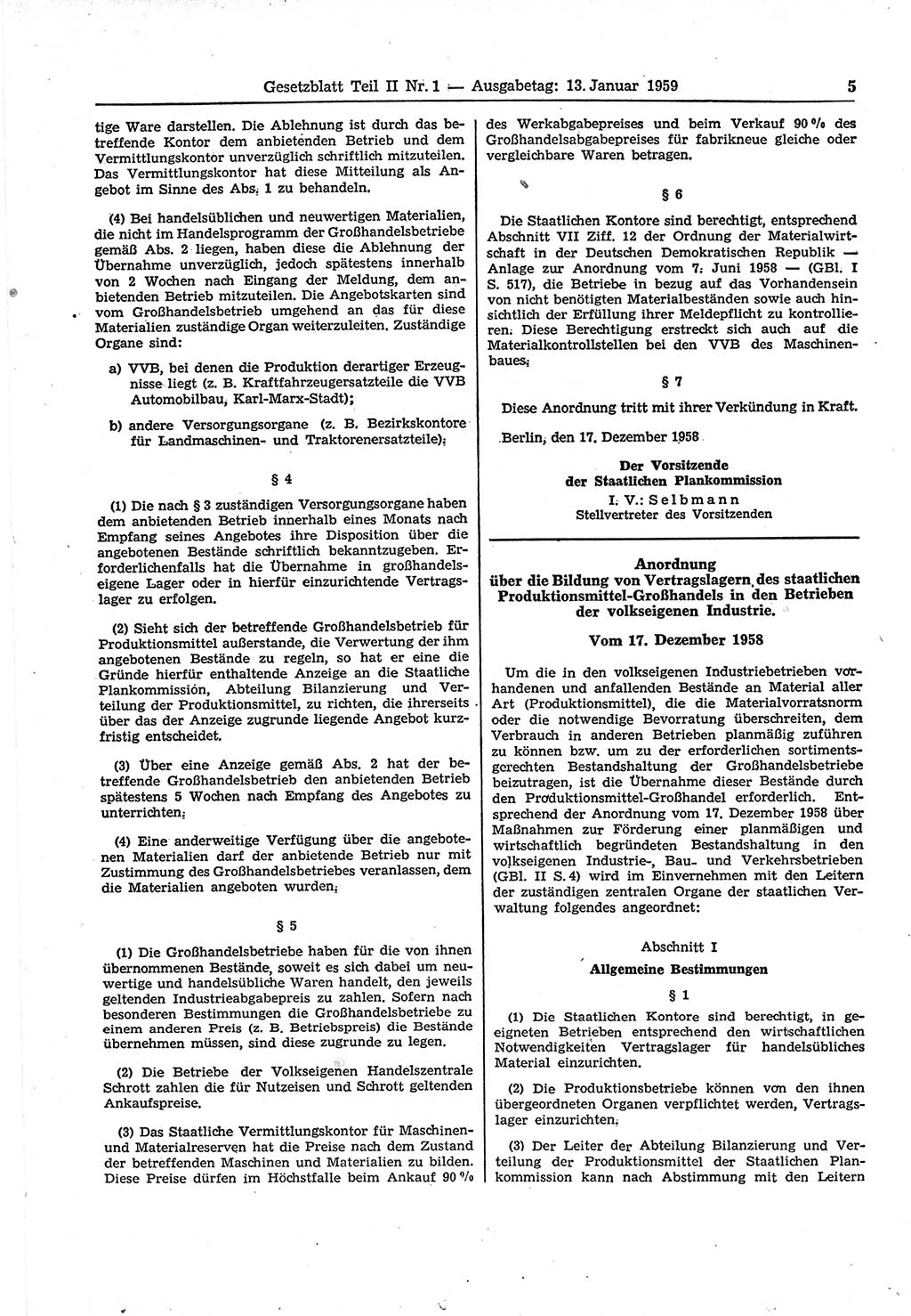 Gesetzblatt (GBl.) der Deutschen Demokratischen Republik (DDR) Teil ⅠⅠ 1959, Seite 5 (GBl. DDR ⅠⅠ 1959, S. 5)