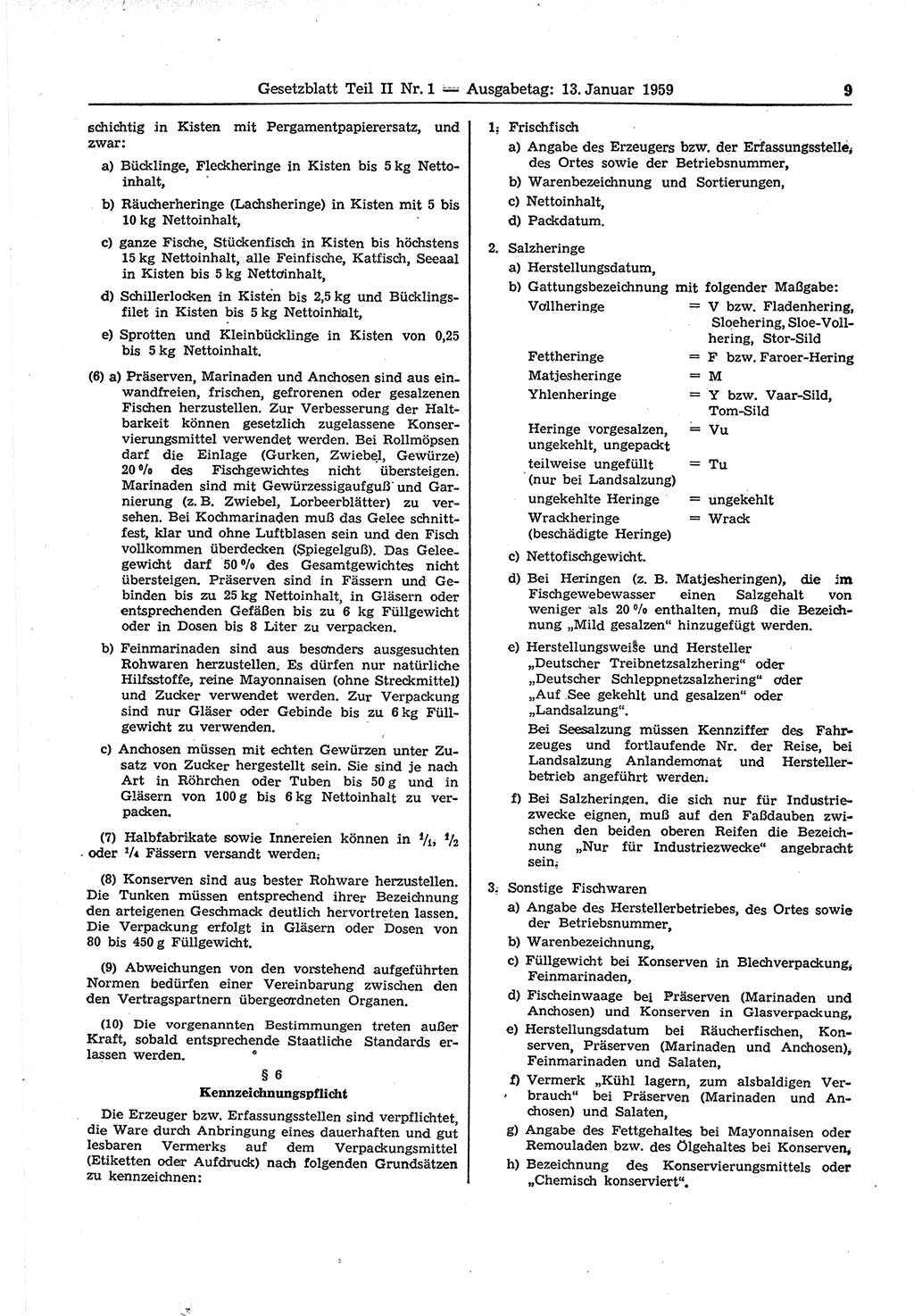 Gesetzblatt (GBl.) der Deutschen Demokratischen Republik (DDR) Teil ⅠⅠ 1959, Seite 9 (GBl. DDR ⅠⅠ 1959, S. 9)