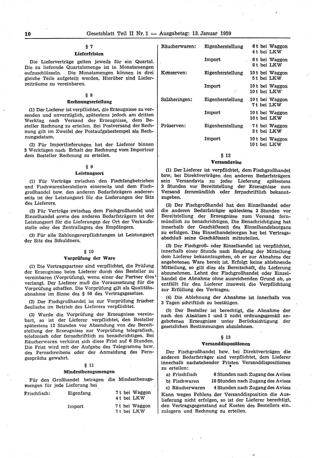 Gesetzblatt (GBl.) der Deutschen Demokratischen Republik (DDR) Teil ⅠⅠ 1959, Seite 10 (GBl. DDR ⅠⅠ 1959, S. 10)