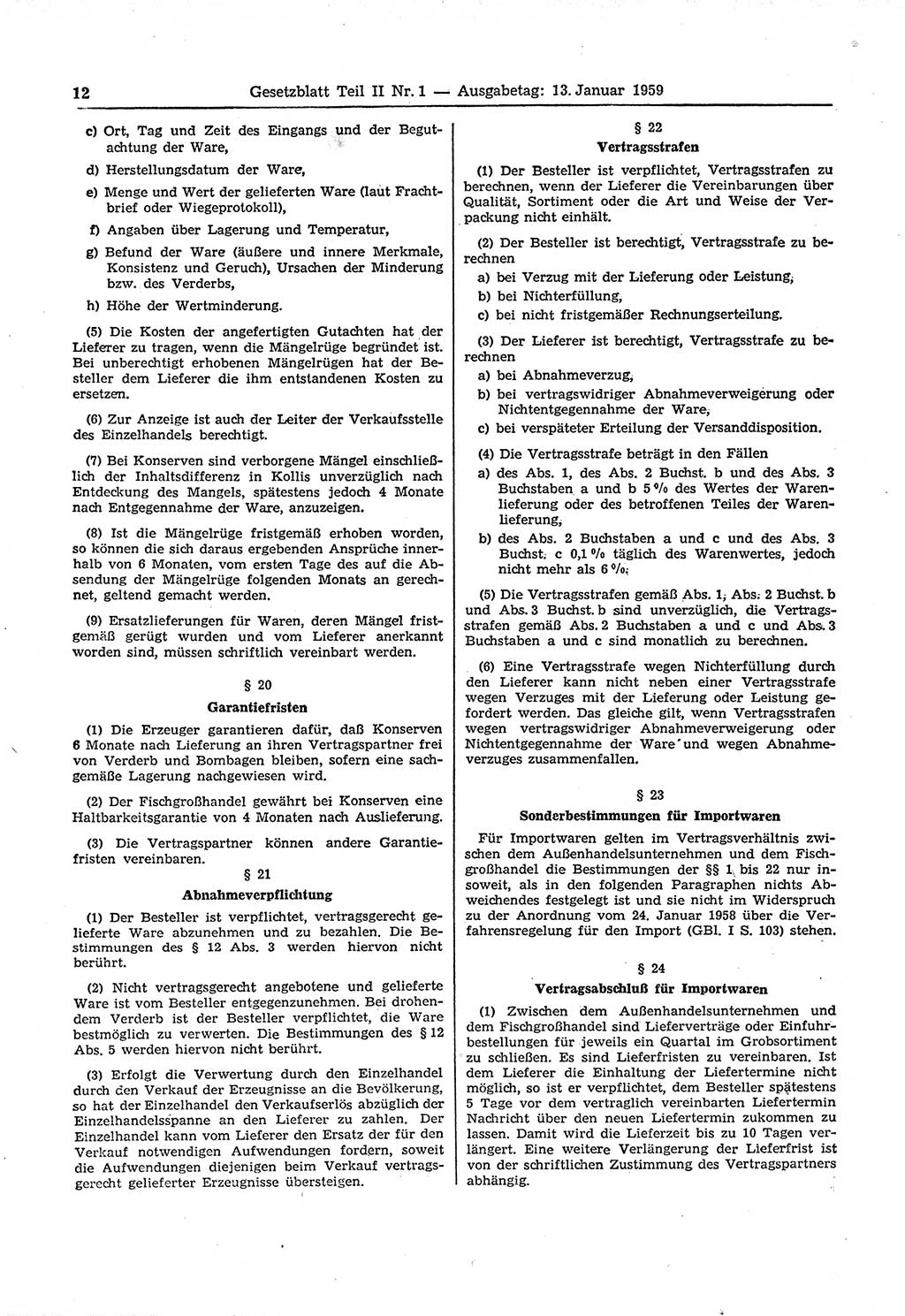 Gesetzblatt (GBl.) der Deutschen Demokratischen Republik (DDR) Teil ⅠⅠ 1959, Seite 12 (GBl. DDR ⅠⅠ 1959, S. 12)