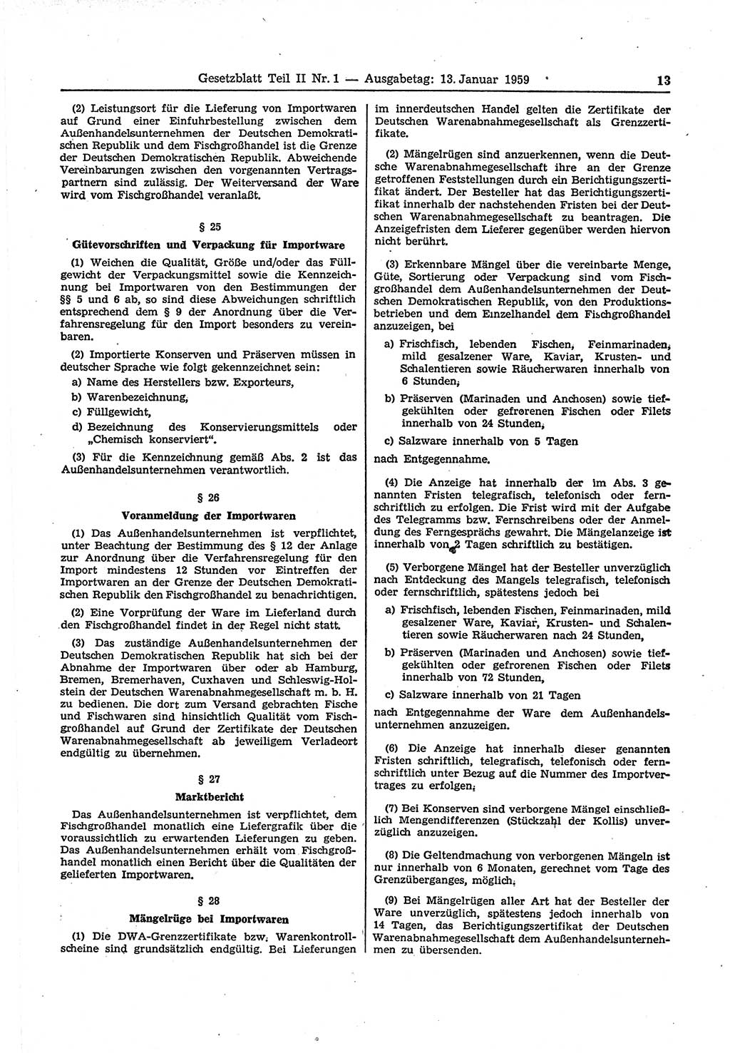 Gesetzblatt (GBl.) der Deutschen Demokratischen Republik (DDR) Teil ⅠⅠ 1959, Seite 13 (GBl. DDR ⅠⅠ 1959, S. 13)