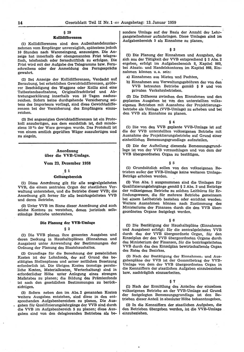 Gesetzblatt (GBl.) der Deutschen Demokratischen Republik (DDR) Teil ⅠⅠ 1959, Seite 14 (GBl. DDR ⅠⅠ 1959, S. 14)