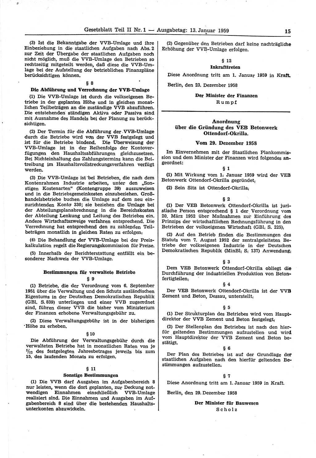 Gesetzblatt (GBl.) der Deutschen Demokratischen Republik (DDR) Teil ⅠⅠ 1959, Seite 15 (GBl. DDR ⅠⅠ 1959, S. 15)