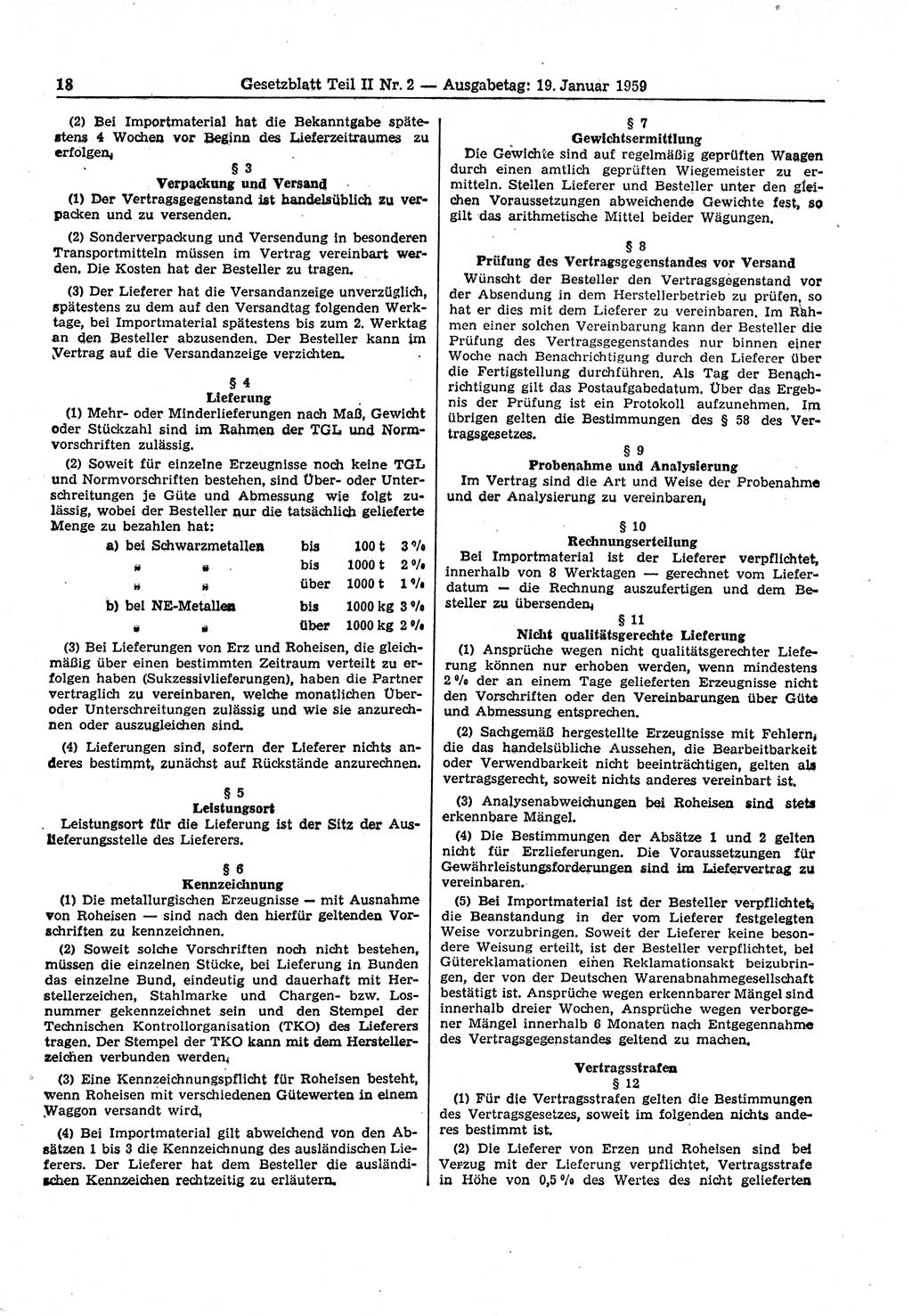 Gesetzblatt (GBl.) der Deutschen Demokratischen Republik (DDR) Teil ⅠⅠ 1959, Seite 18 (GBl. DDR ⅠⅠ 1959, S. 18)