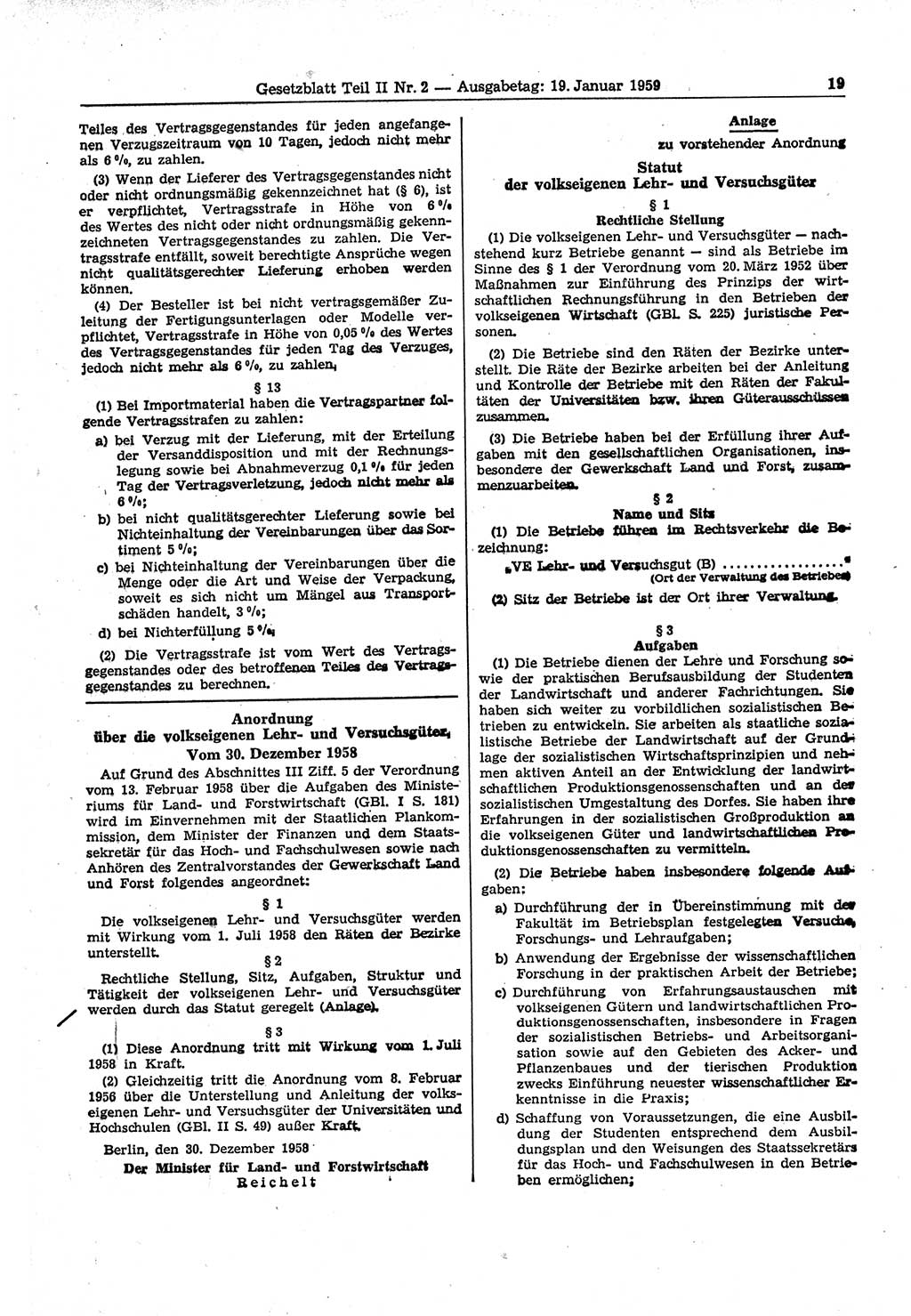 Gesetzblatt (GBl.) der Deutschen Demokratischen Republik (DDR) Teil ⅠⅠ 1959, Seite 19 (GBl. DDR ⅠⅠ 1959, S. 19)