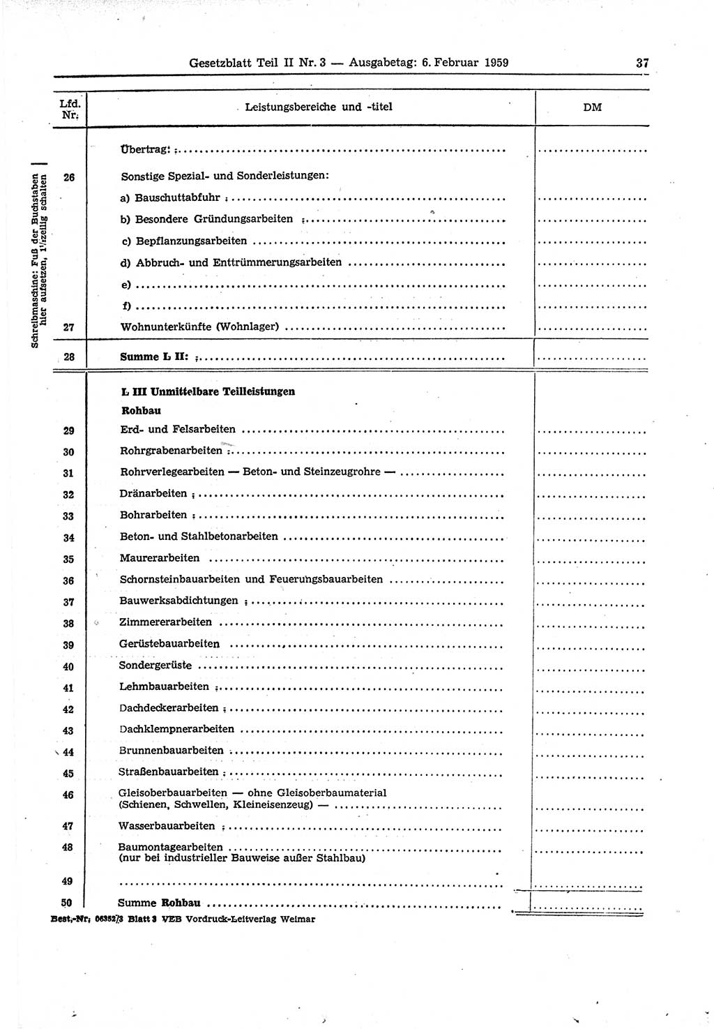 Gesetzblatt (GBl.) der Deutschen Demokratischen Republik (DDR) Teil ⅠⅠ 1959, Seite 37 (GBl. DDR ⅠⅠ 1959, S. 37)