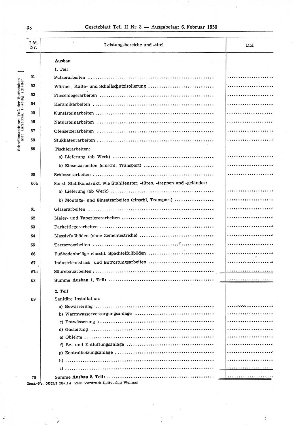 Gesetzblatt (GBl.) der Deutschen Demokratischen Republik (DDR) Teil ⅠⅠ 1959, Seite 38 (GBl. DDR ⅠⅠ 1959, S. 38)